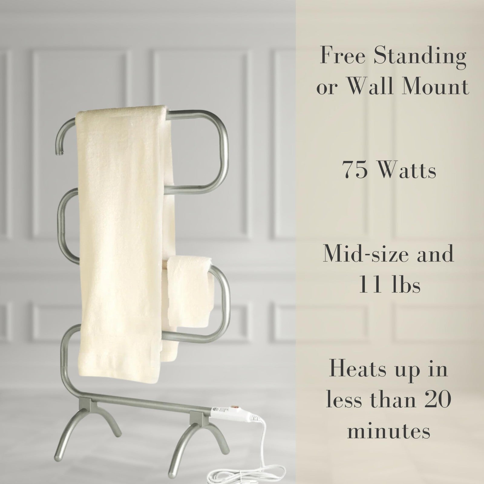 Warmrails Classic towel warmer rack, free-standing or wall-mounted, with polished metal bars for drying and warming towels.