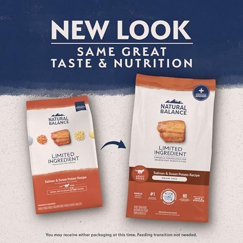 Dry dog food bag labeled Natural Balance Limited Ingredient Grain Salmon Sweet Potato formula with images of salmon and sweet potatoes.