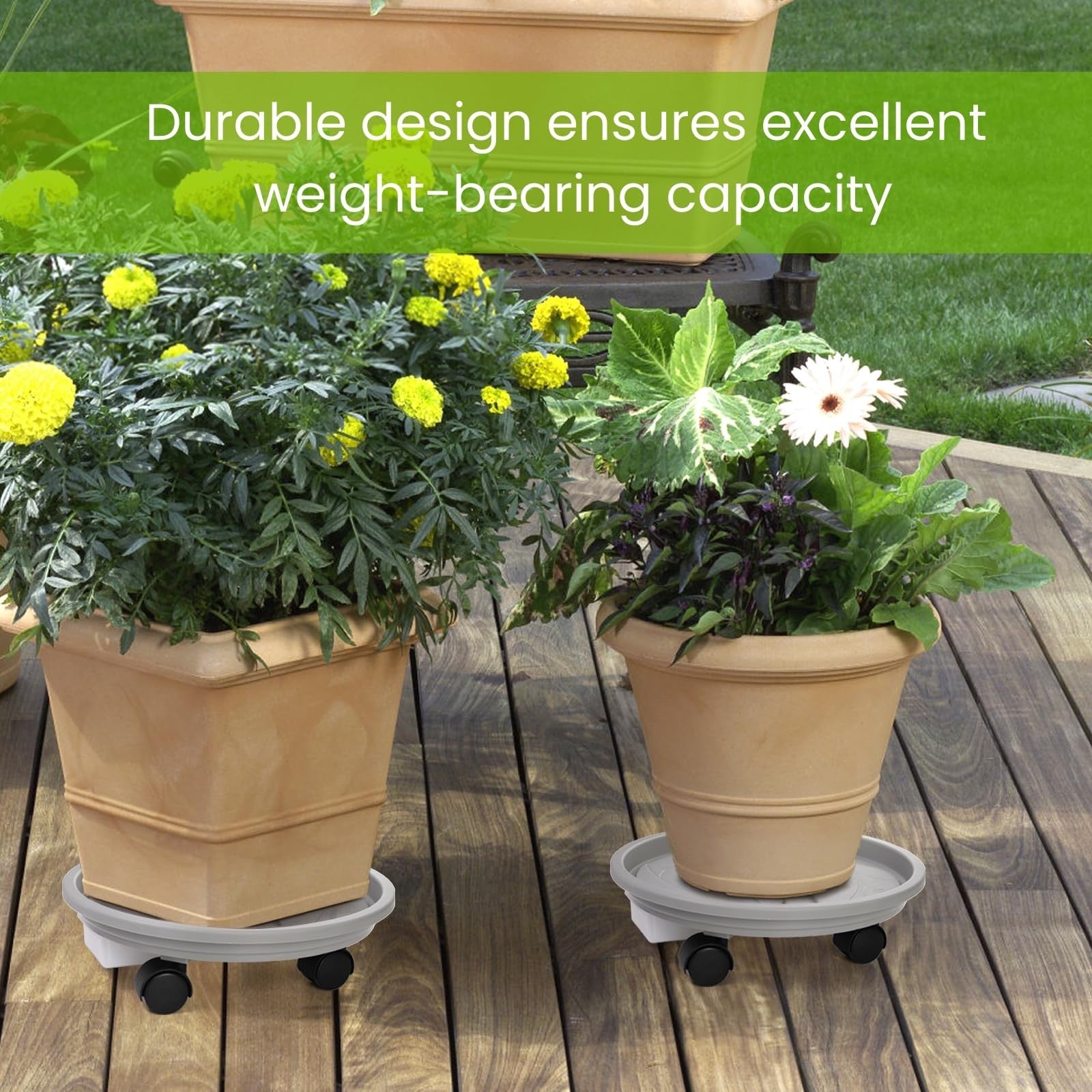 Nagpew 3-pack 12-inch heavy-duty plant caddies with wheels, featuring durable planter pallets with drainage trays for indoor or outdoor use.