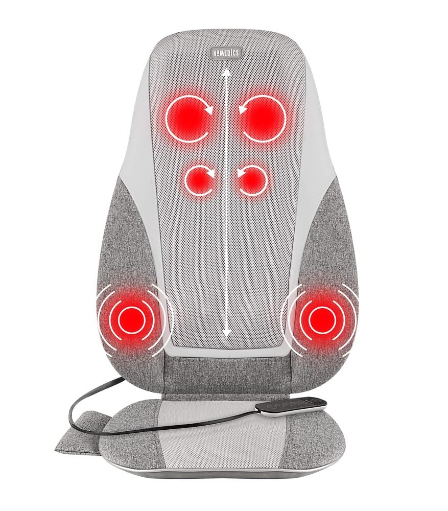 Homedics Shiatsu kneading massage cushion with heat, designed for back relaxation and pain relief, featuring adjustable straps and textured fabric.