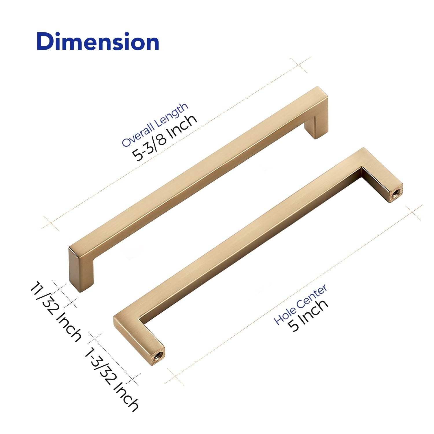 Set of 10 Ravinte 5-inch slim square cabinet handles with champagne finish, center-to-center mounting for kitchen or furniture drawers.