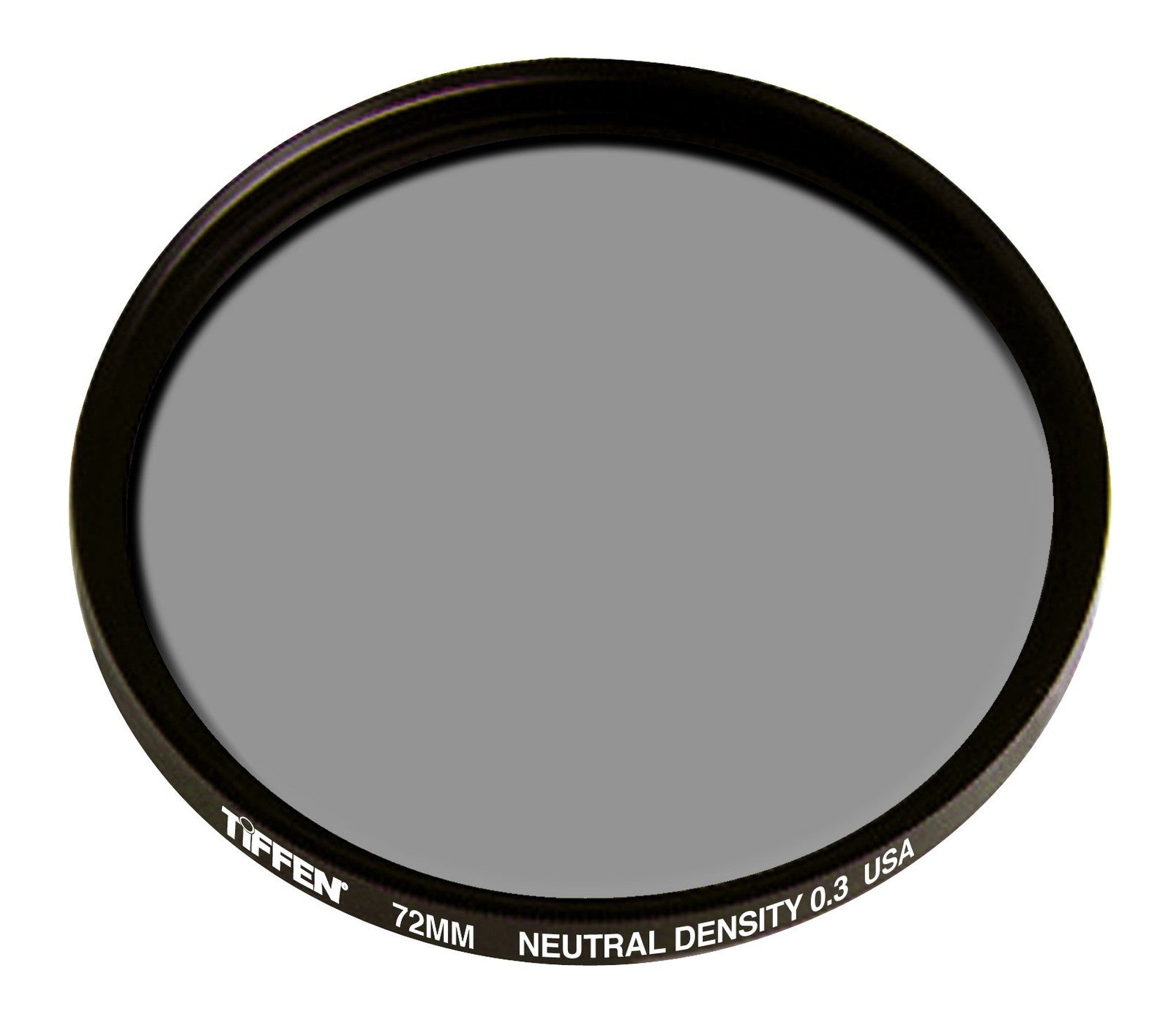 Tiffen 72mm Neutral Density 0.3 filter attached to a camera lens, showing the filter's glass and metal frame.