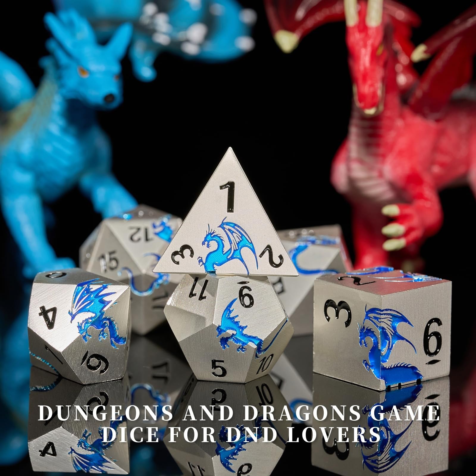 HNCCESG Blue Dragon D&D metal dice set with 7 zinc alloy RPG dice, featuring detailed dragon design and polished finish.