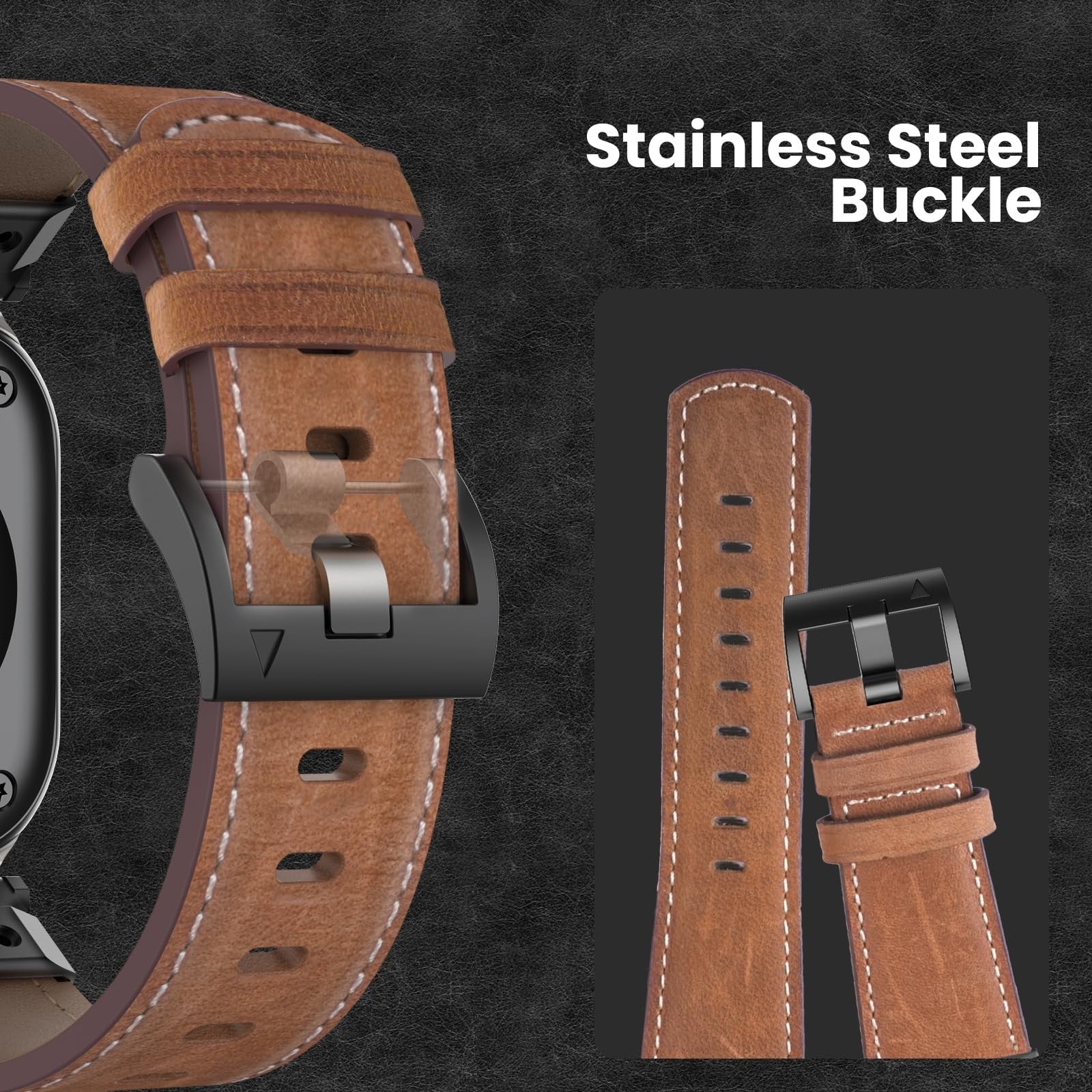Bouixel genuine leather Apple Watch Ultra 3 band in brown, 49mm/46mm compatible strap with stitching detail
