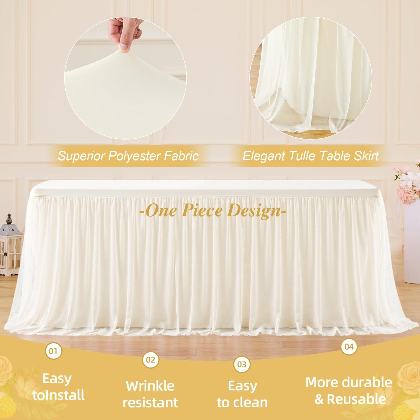 Ivory tulle tablecloth for 8-foot rectangle tables, Wish Care 2-pack, stretch fabric, elegant event table covering