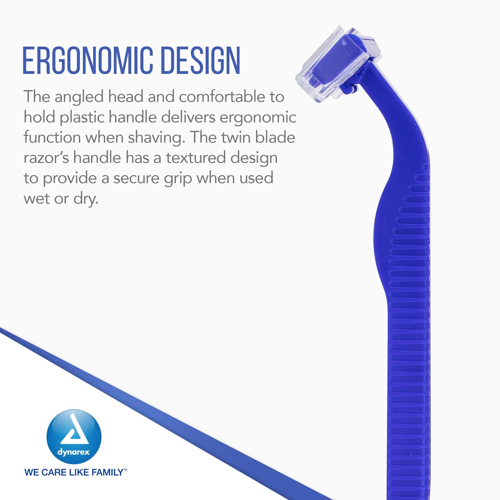 Dynarex DynaCare twin blade disposable razor with two blades, unisex design, shown with handle and blades ready for use.