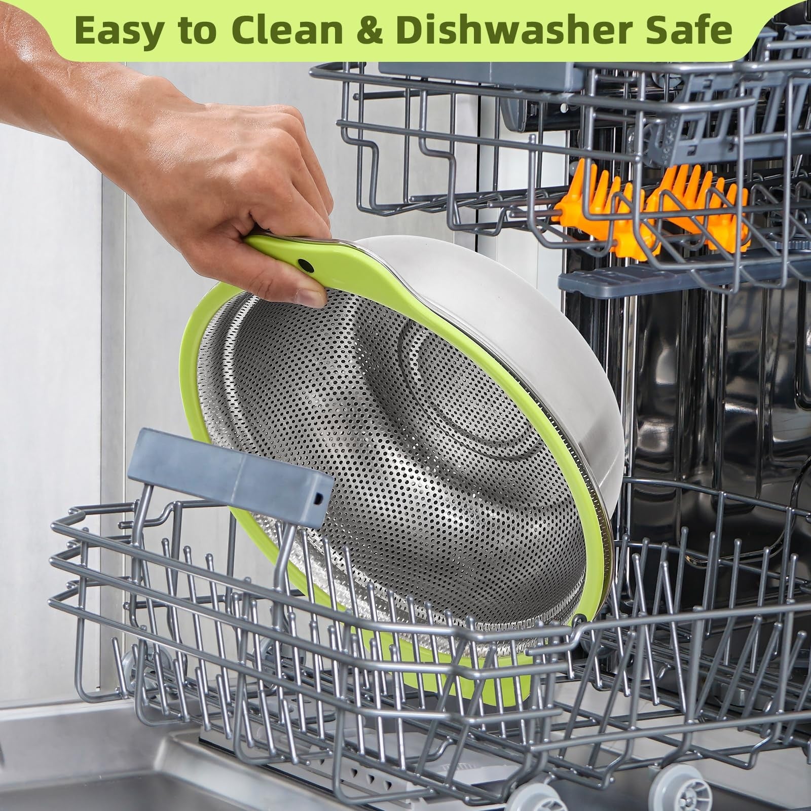 AHIABOAT stainless steel colander with 4QT capacity, microporous rice strainer for rinsing and draining food.