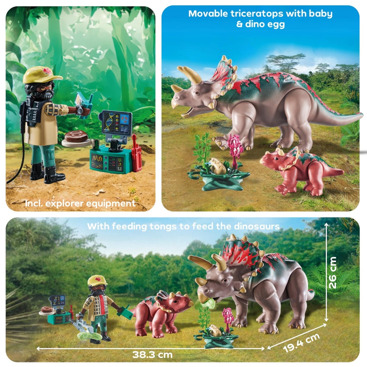 Playmobil Triceratops family with scientist figure and dinosaur egg, detailed plastic toy set for children.