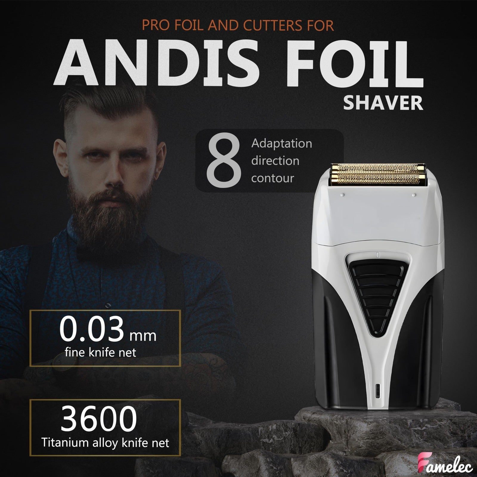 FAMELEC replacement shaver heads for Andis Pro-Foil and Lithium shavers, featuring super soft gold foil and precision cutting edges.