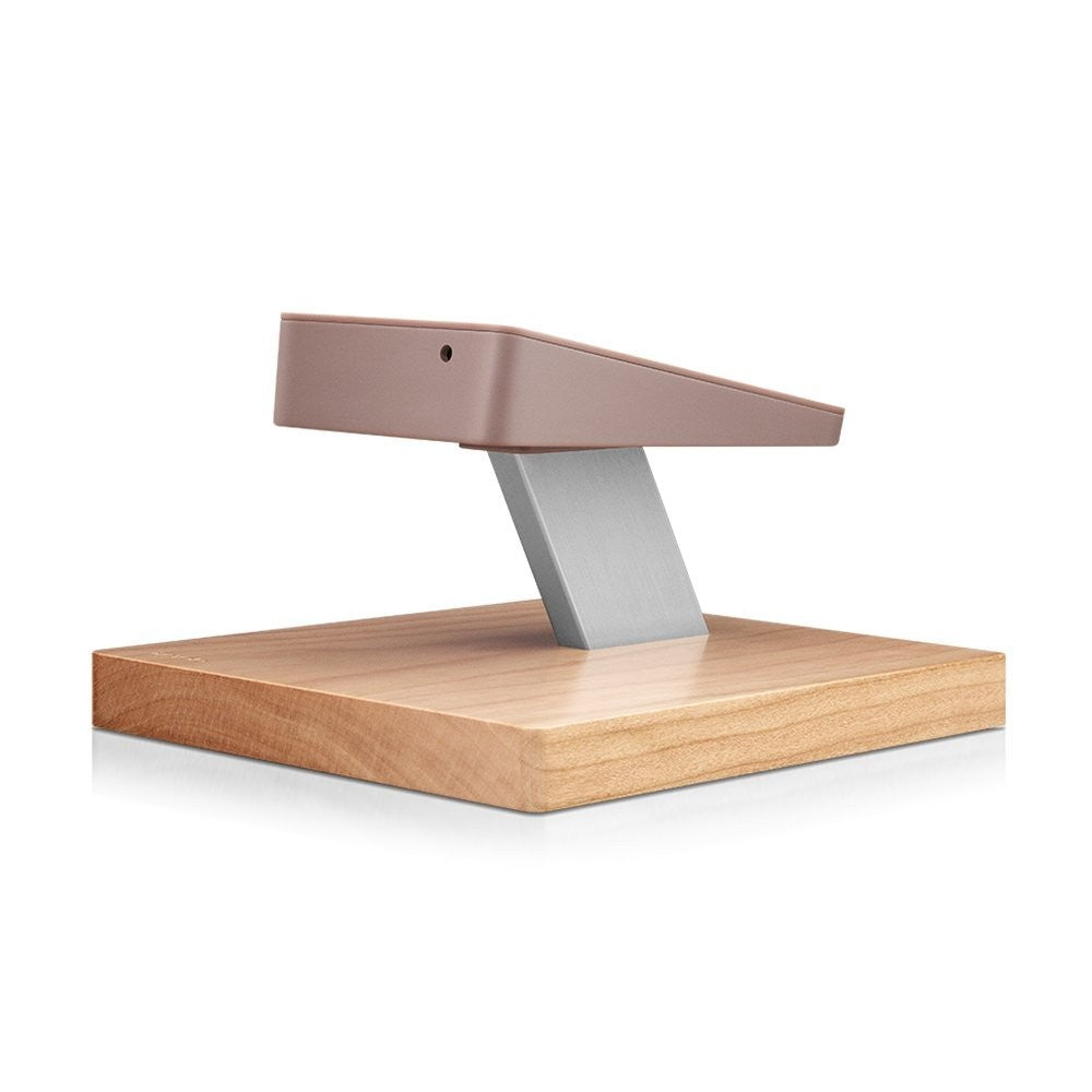 BenQ treVolo stand for treVolo and treVolo 2 portable Bluetooth speakers in cherry wood finish, shown from a side angle.