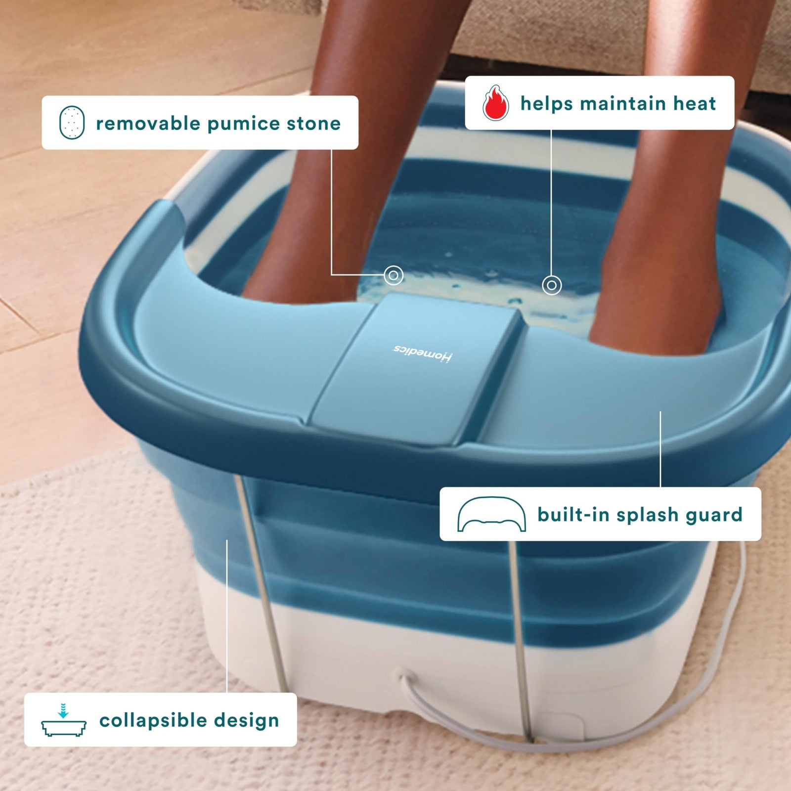 Homedics Smart Space Bubble Mate collapsible foot spa with heat maintenance and bubble features, shown with water and foot inserts.