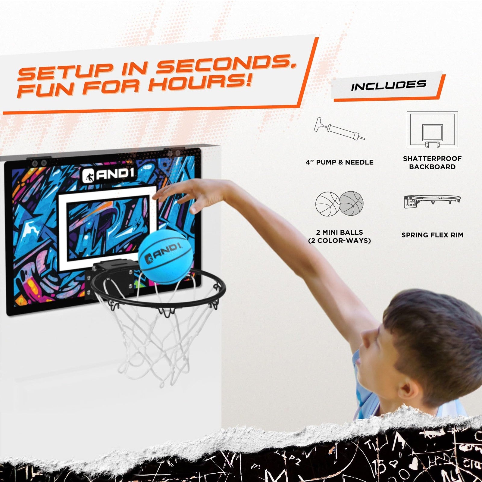 Portable And1 mini basketball hoop with over-the-door mount, 18x12 inch flex rim, pre-assembled for easy setup.