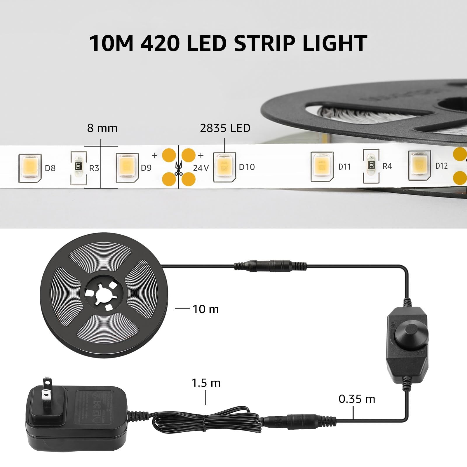 Lepro LED strip light 32.8ft dimmable vanity lights with bright 6000K white LED tape on a surface, showcasing installation details.