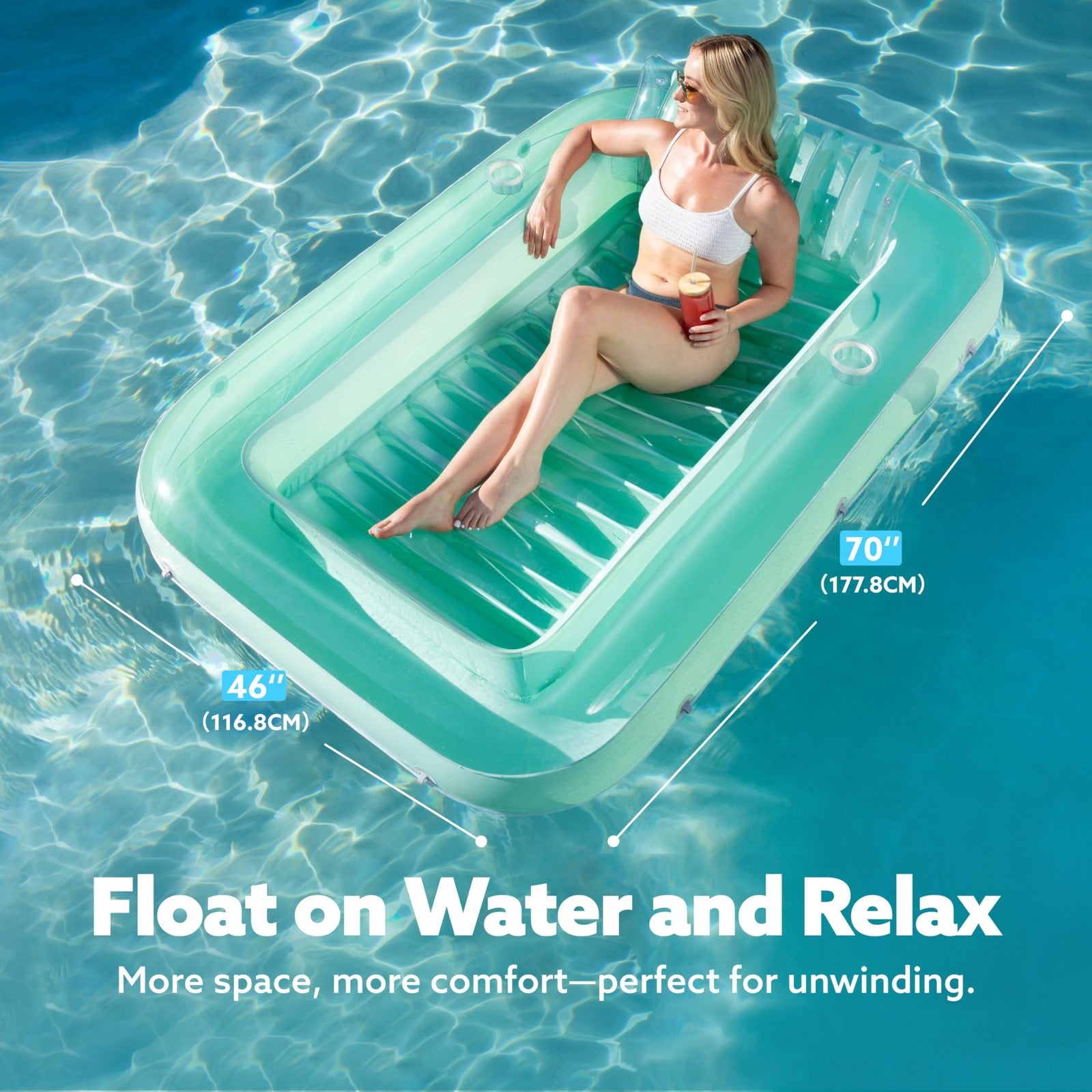 Sloosh inflatable tanning pool lounger float with pillow and cupholder, 70x46 inches, designed for adult relaxation in the pool