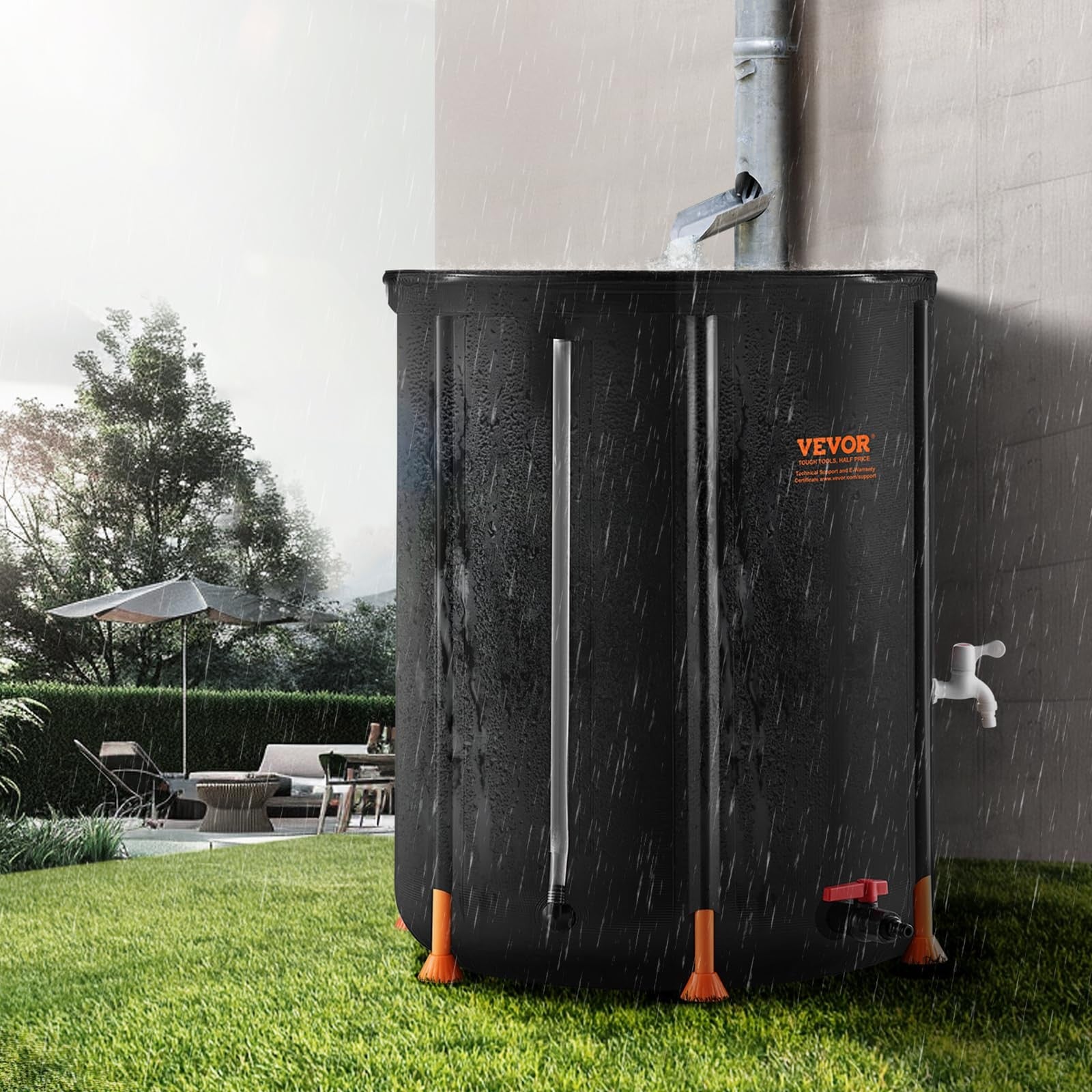 Portable VEVOR 53-gallon collapsible rain barrel with spigot and flexible design for rainwater collection and storage.