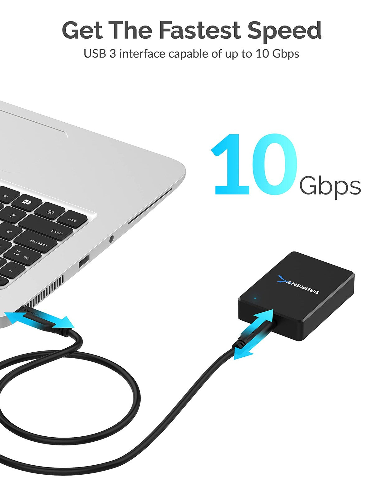 SABRENT CFexpress Type B card reader with USB 3.2, 10Gbps transfer speed, black and compact design.