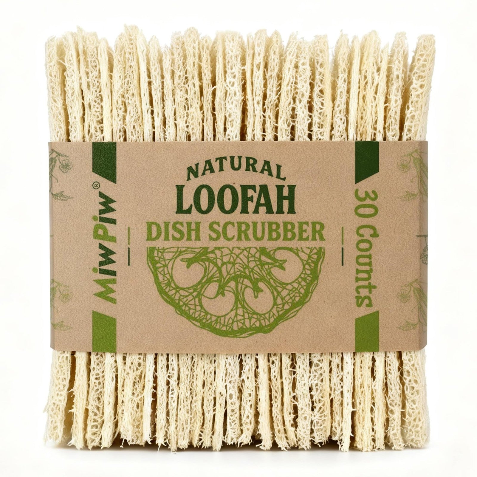 Miw Piw natural loofah dish sponge 30-pack, biodegradable and compostable for eco-friendly dishwashing.
