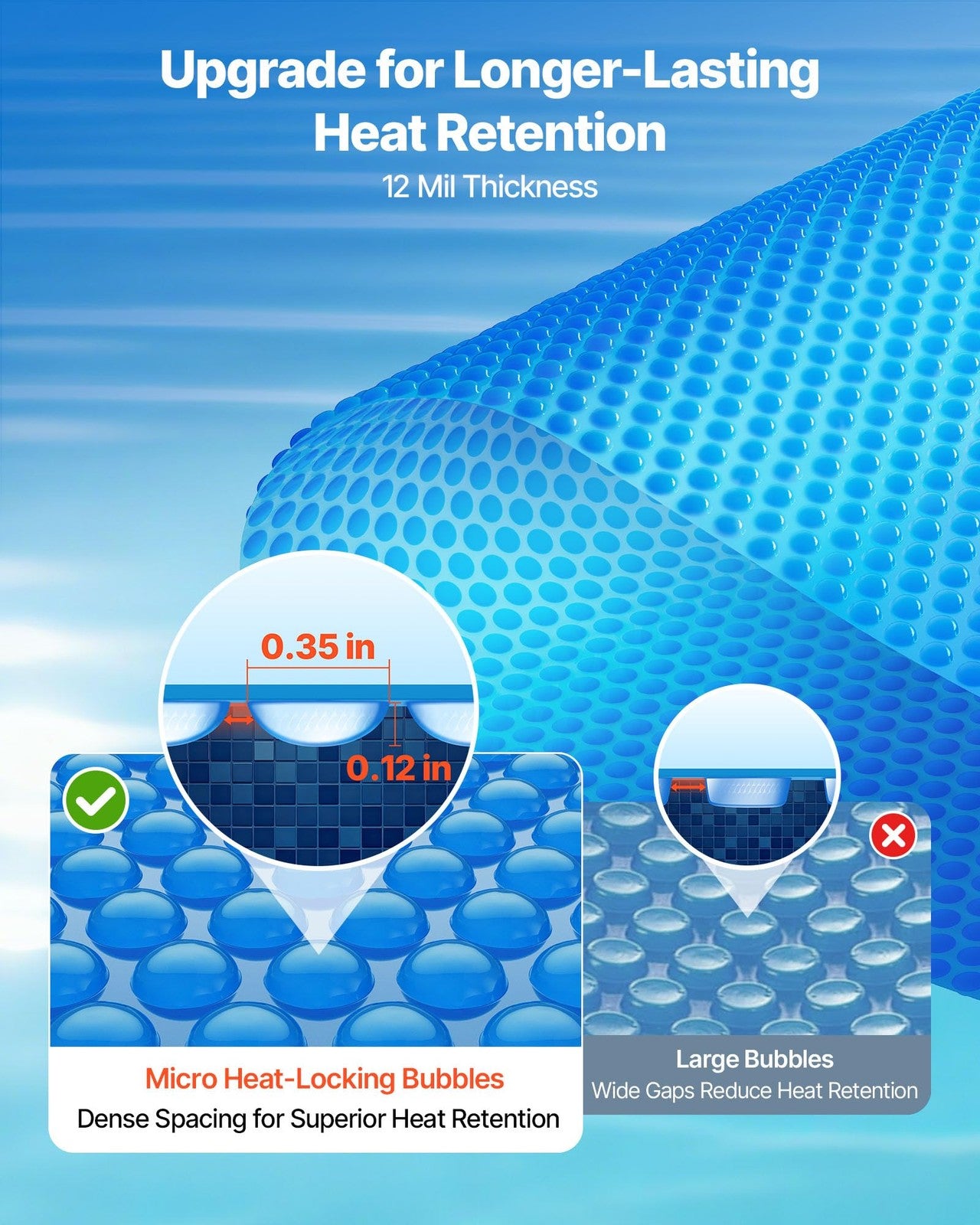 Vevor 15 ft round solar pool cover with bubbles, 12 mil thickness, for heat retention and protection of above-ground pools.