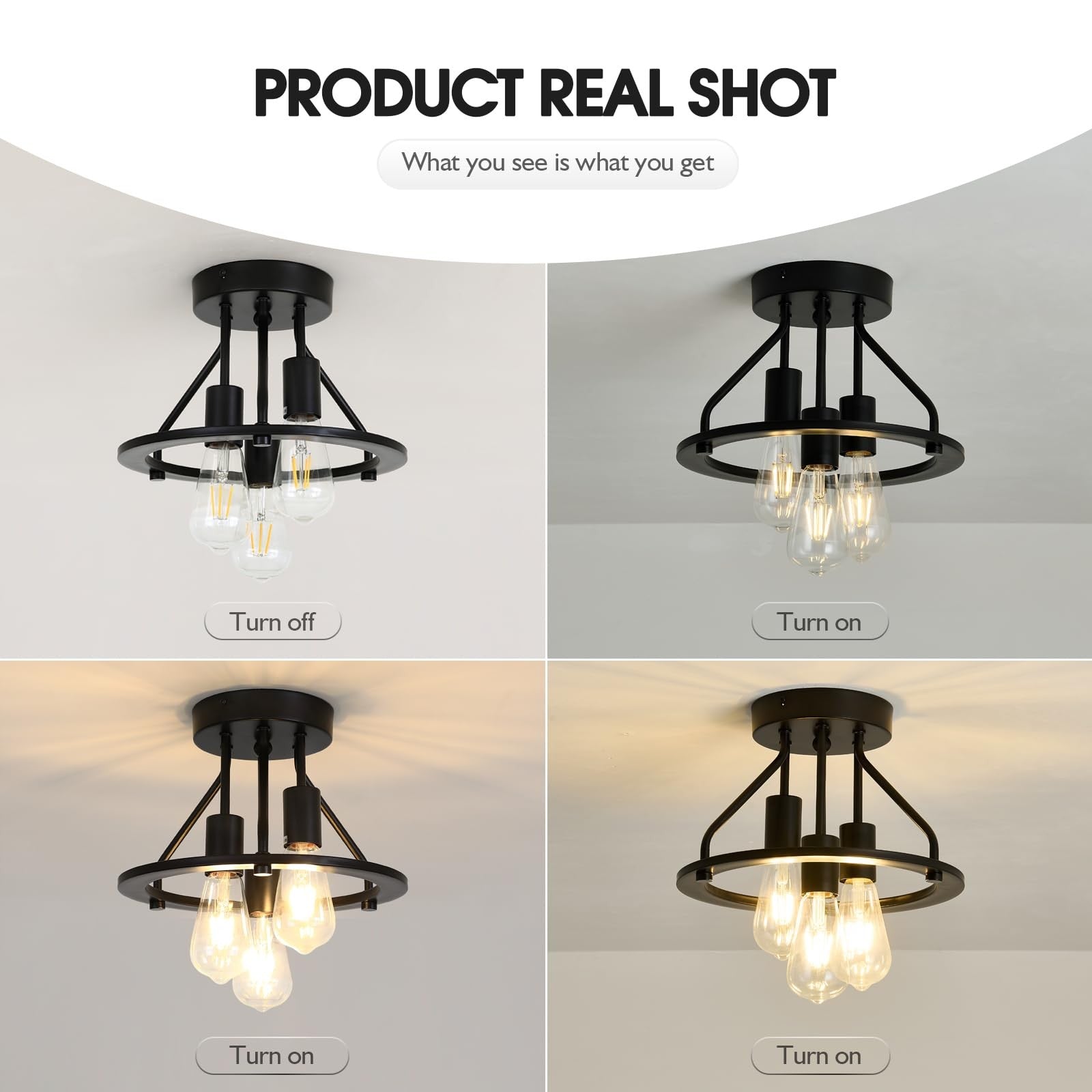 Qgiytp semi-flush mount ceiling light fixture with three matte black lights, modern design for living room or hallway.