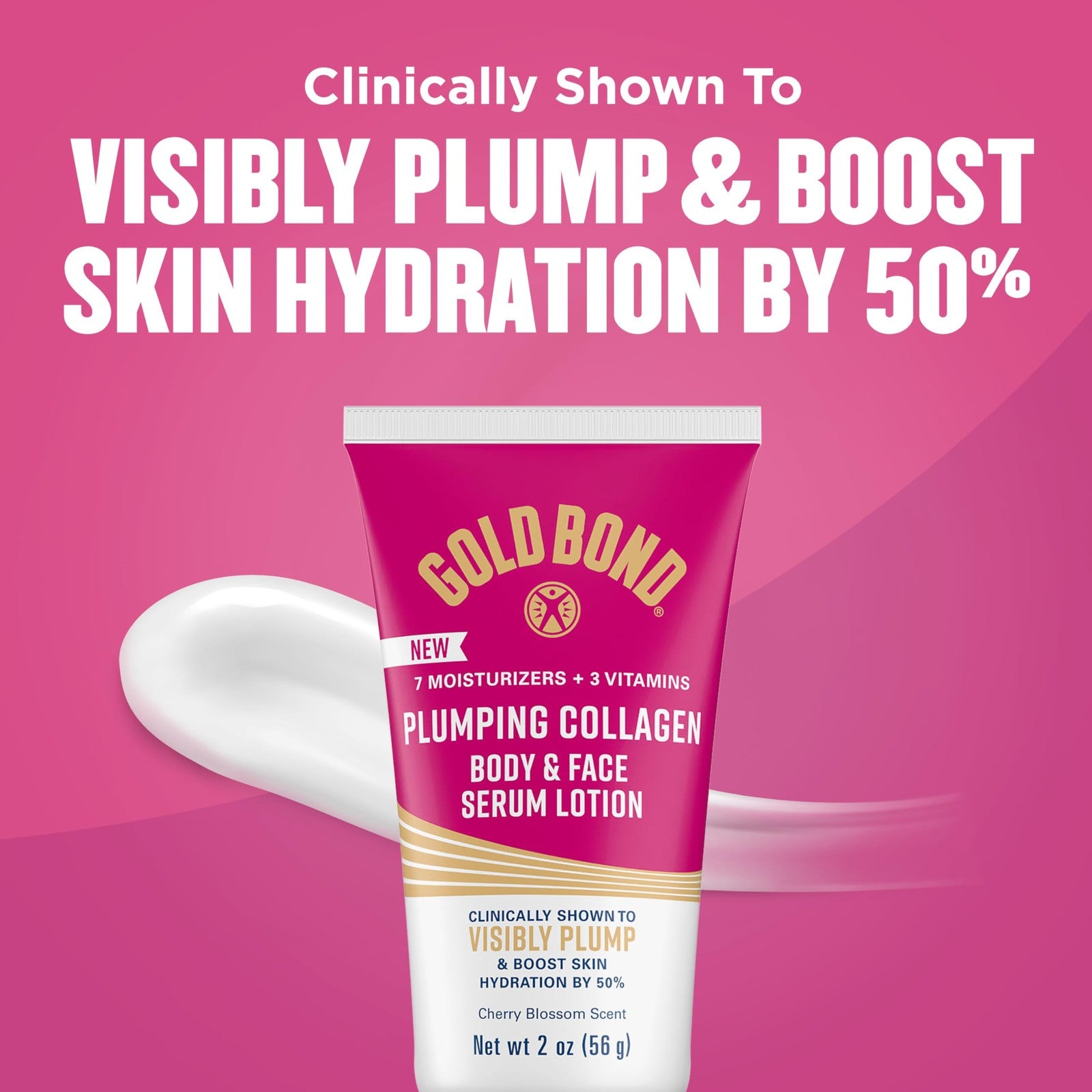 Gold Bond Plumping Collagen Body and Face Serum Lotion, lightweight hydrating moisturizer with a smooth, golden-colored packaging.
