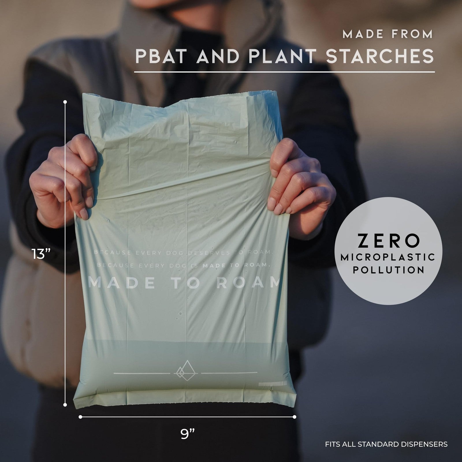Made to Roam plant-based dog poop bag rolls, extra thick and leak-proof, shown in a pack with multiple rolls.