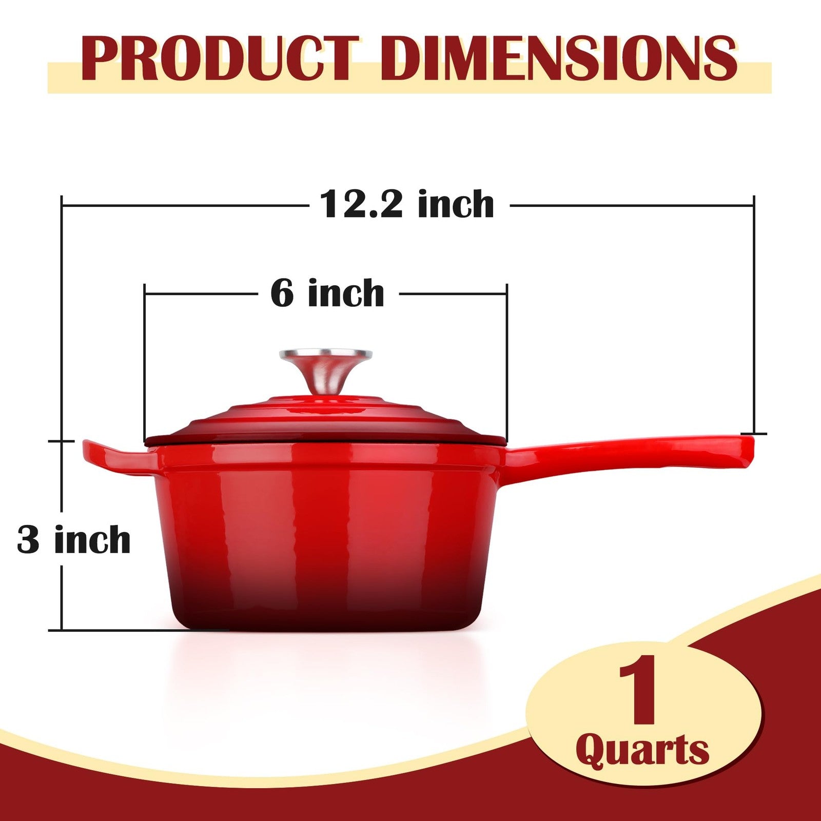 E-far enameled cast iron 1-quart saucepan with lid, mini Dutch oven for stovetop cooking, black exterior, compact size.