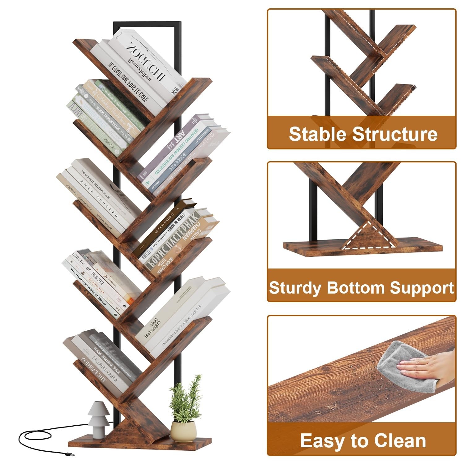 Qupui 9-tier tree-shaped bookcase with LED lights, classical wooden design, standing floor shelf for books and décor.