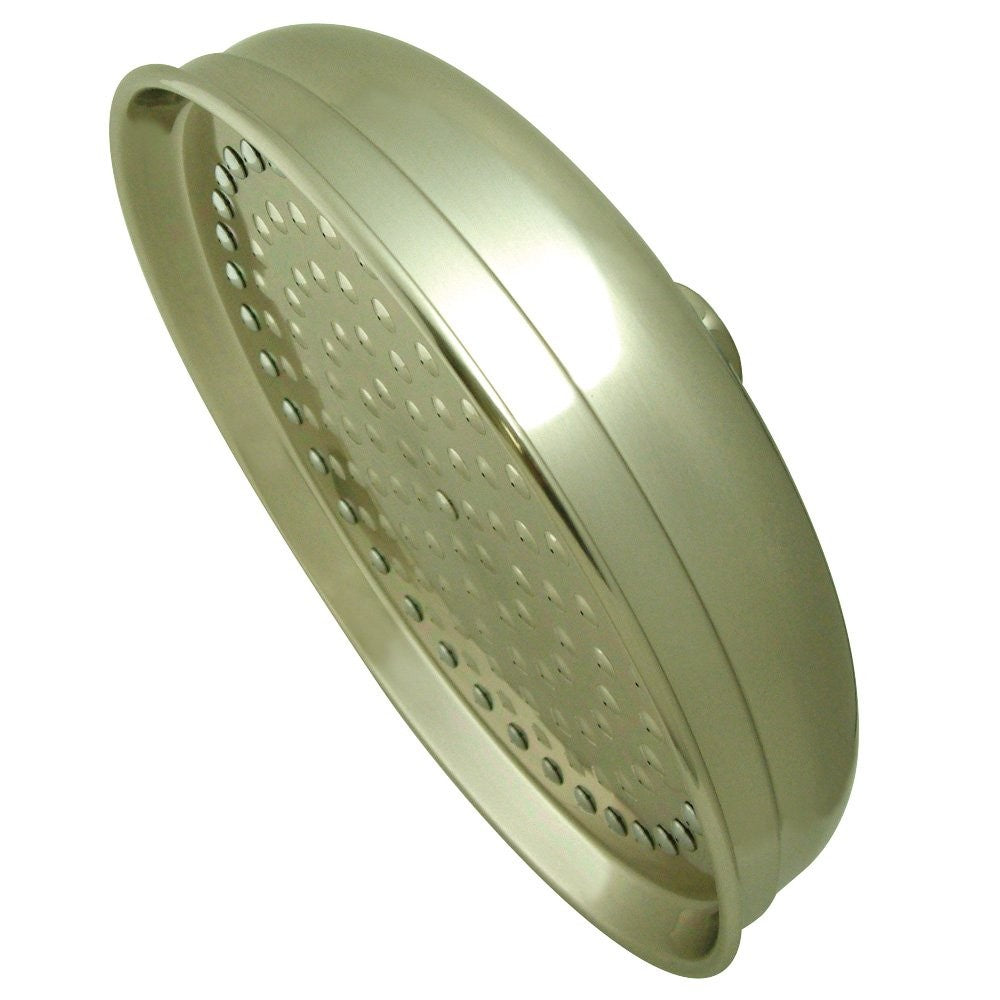 Kingston Brass Victorian Raindrop Shower Head, 10-inch brushed nickel finish, showcasing the elegant design and large rainfall spray.