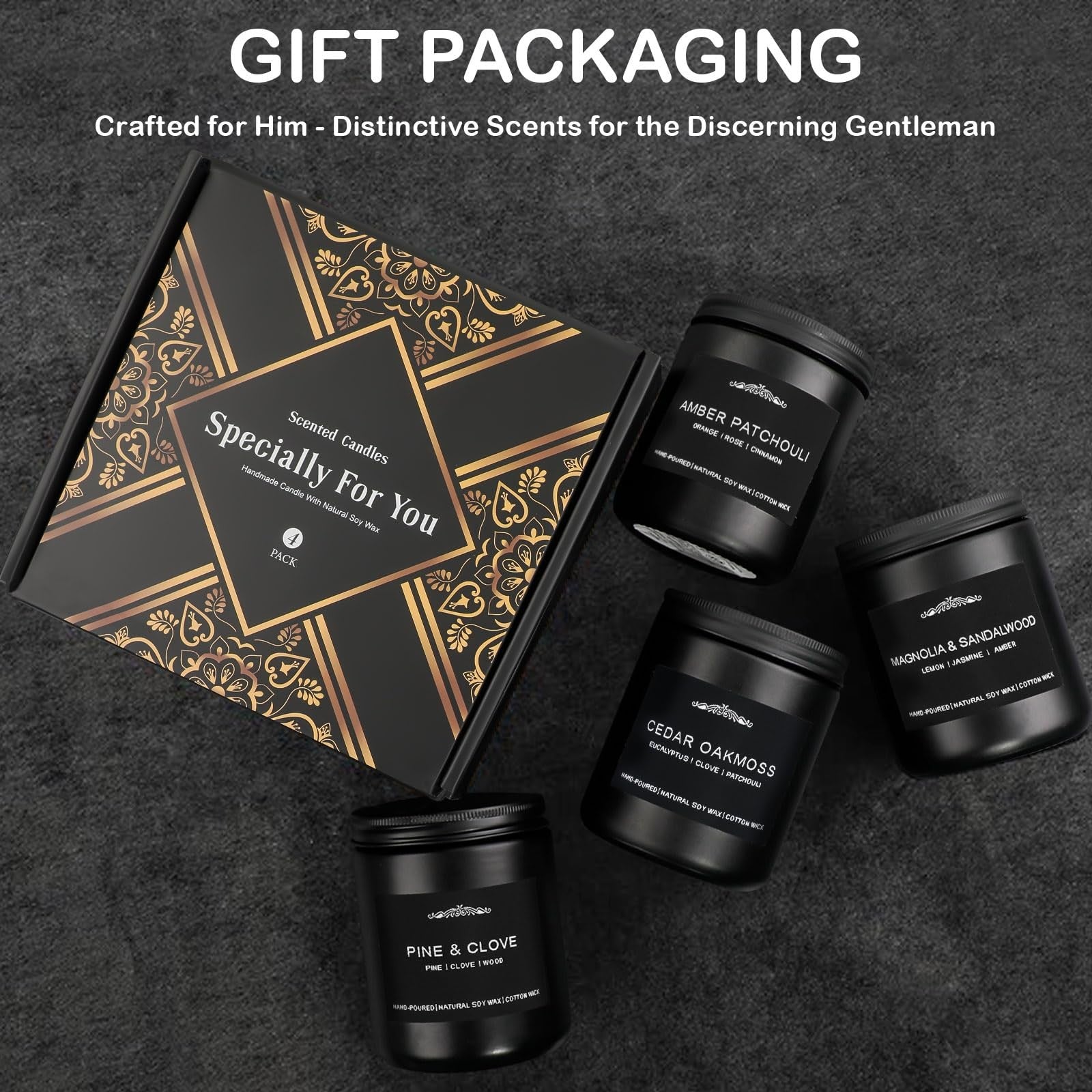 Men's candle gift set by Inayou with a 28oz soy wax candle featuring a masculine scent and long-lasting 200-hour burn time.