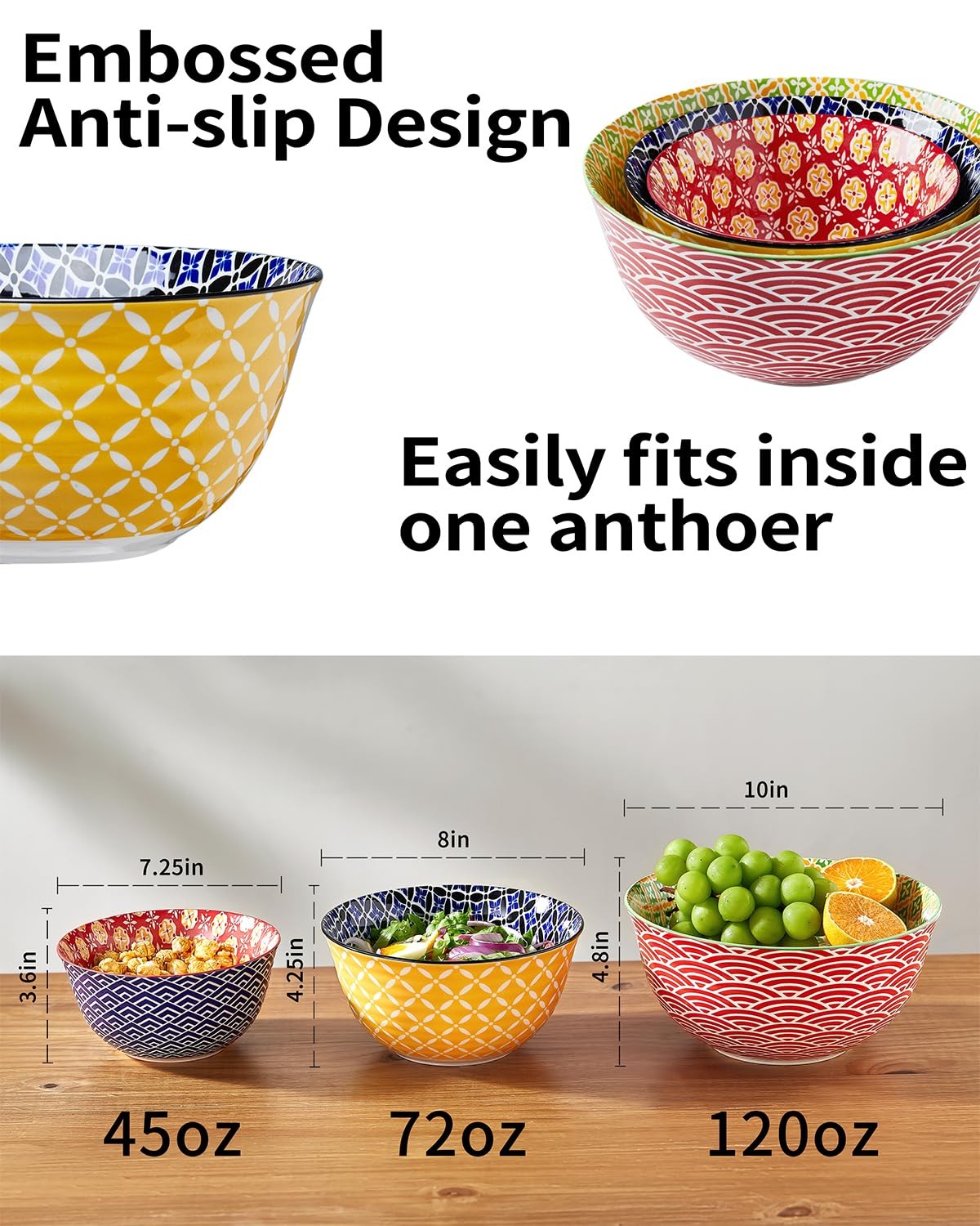 Colorful Metahom ceramic mixing bowls stacked together, large nesting bowls for kitchen and serving use