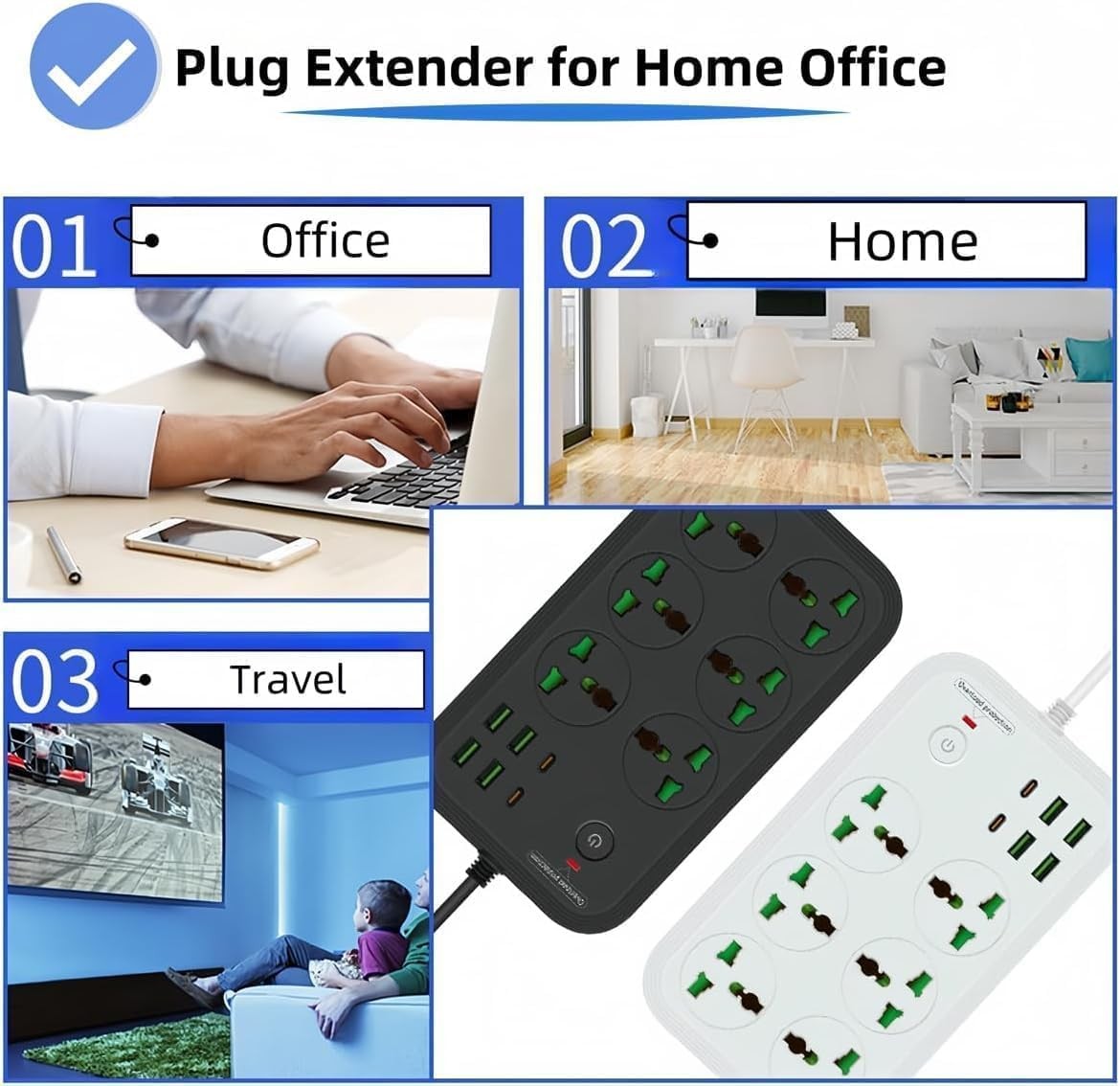 COOFINE 12-in-1 flat plug power strip with 6 outlets, 4 USB-A ports, and 2 USB-C ports for versatile charging and extension.