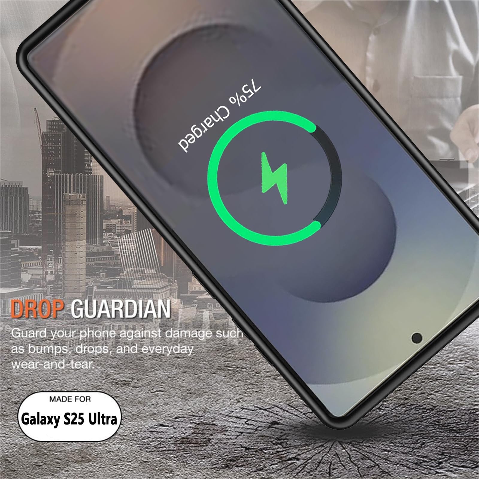 MAXBEAR Galaxy S25 Ultra battery case with 12000mAh capacity, wireless charging, portable and protective for smartphone power.