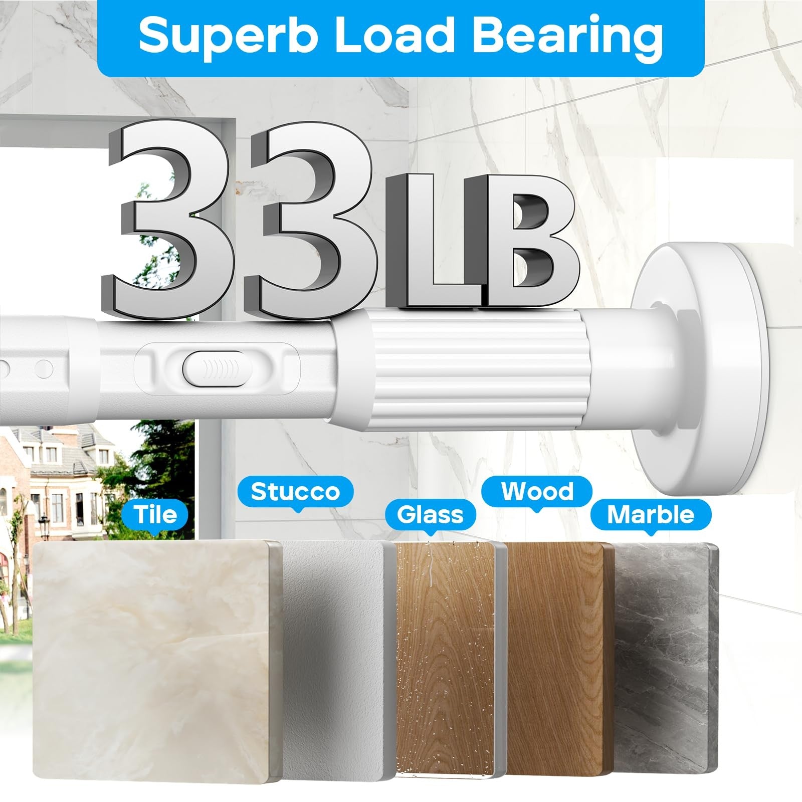 White Zipglo tension curtain rod for shower, extending from 40 to 103 inches, with no visible brackets or mounting hardware.