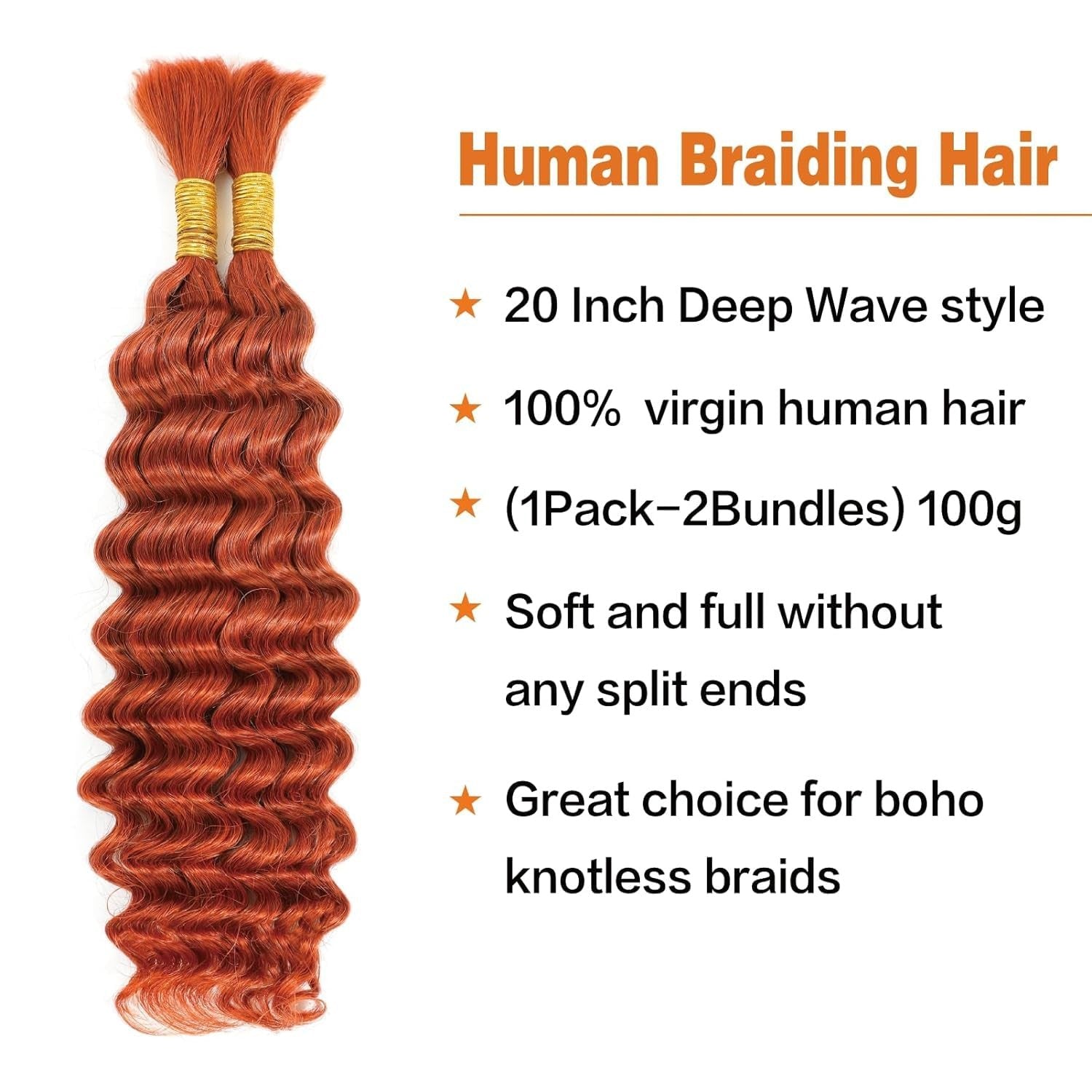 Peenoll Curly Braiding Human Hair in ginger orange, 11A grade, 16 inches, 2 bundles totaling 100g, suitable for hair extensions or braids.