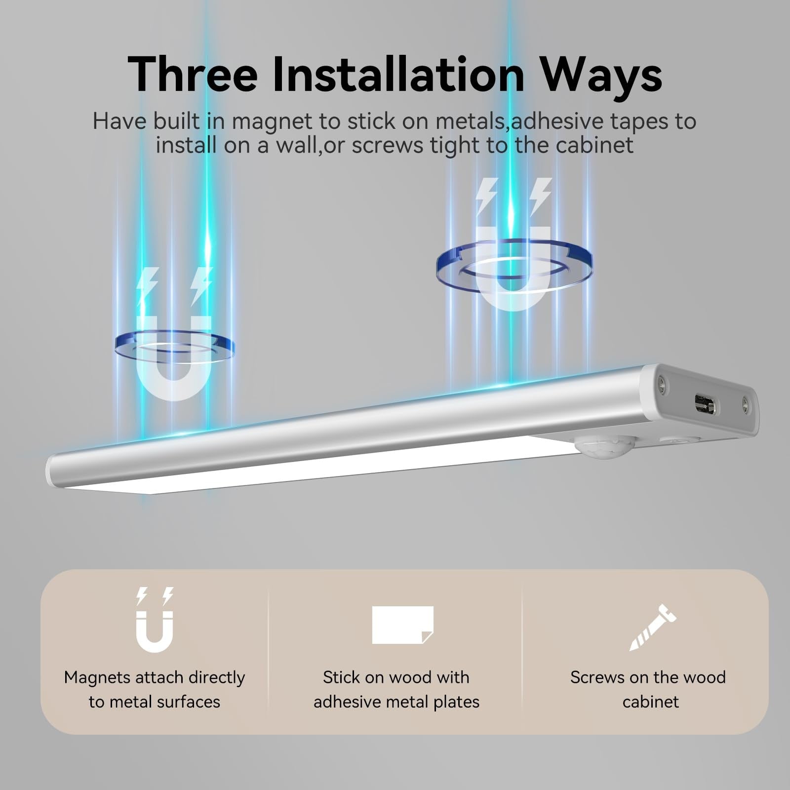 Xinp LED magnetic motion-activated under cabinet lighting mounted under a kitchen cabinet, providing bright, energy-efficient illumination