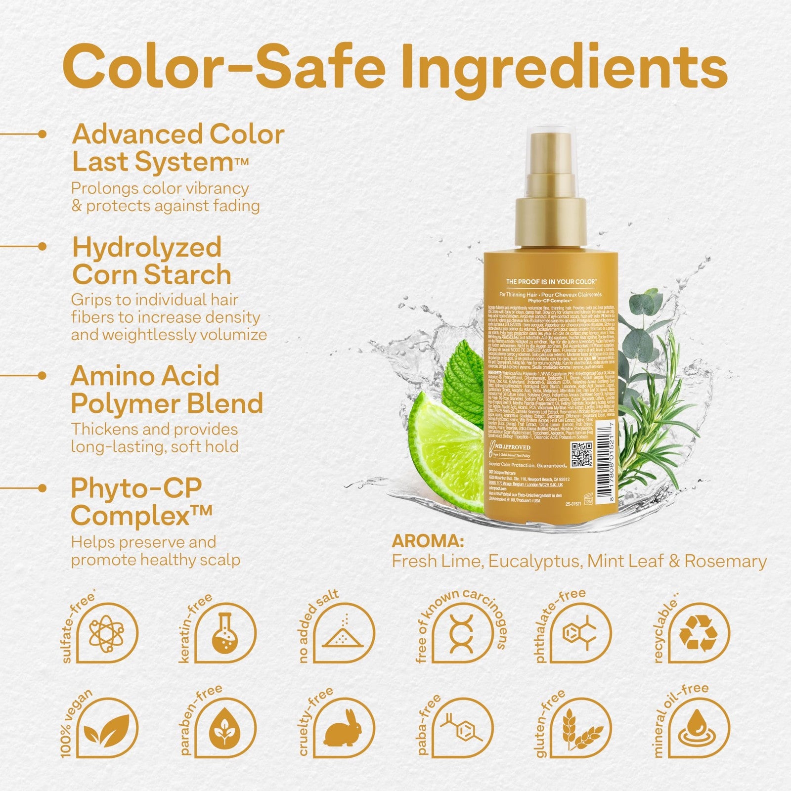 ColorProof Biorepair Thicken Blow Dry Spray for volumizing hair, 6.7oz, applied to styled hair for added fullness and body.