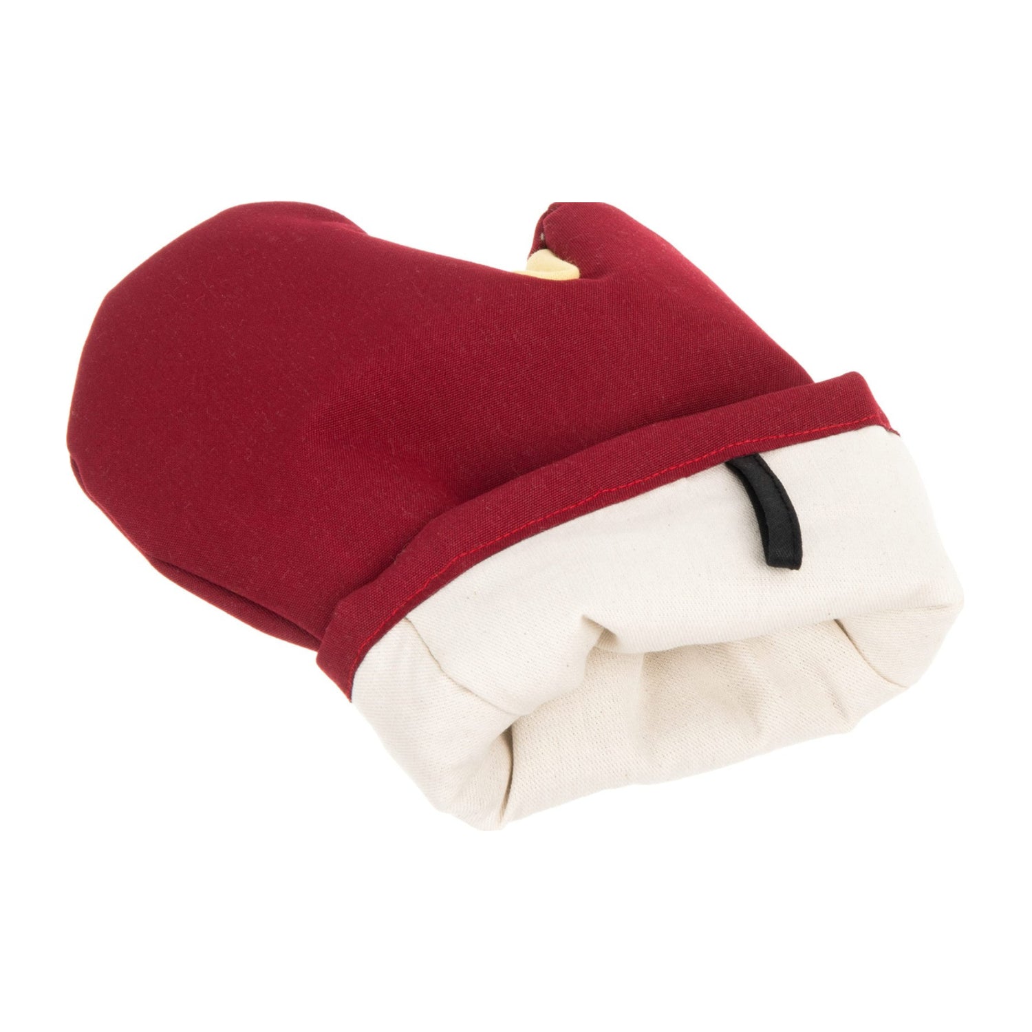 San Jamar Cool Touch Flame oven mitt showing thick flame-resistant fabric and heat protection for handling hot cookware.