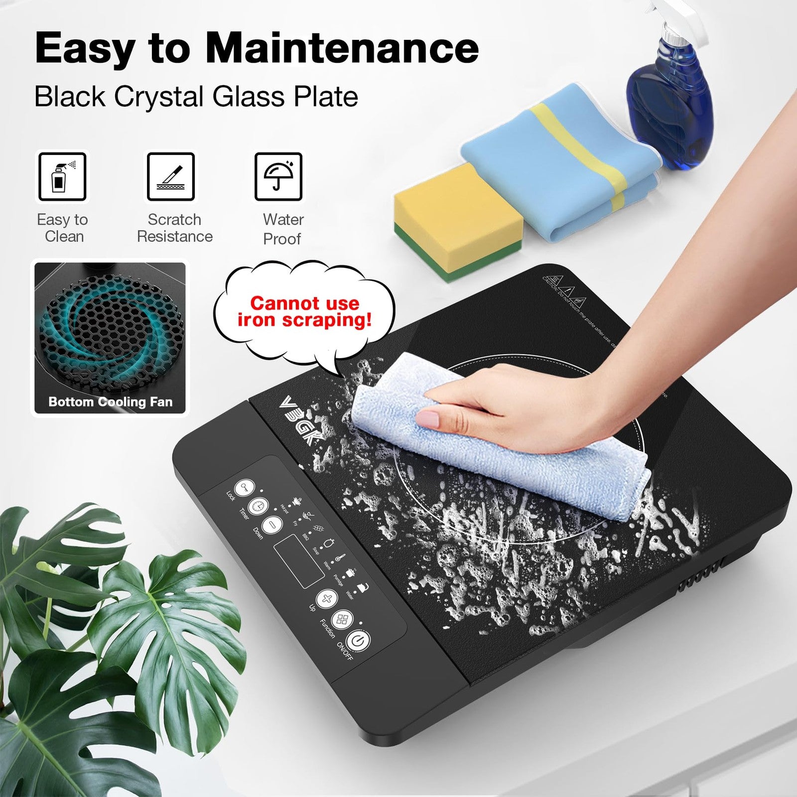 VBGK portable induction cooktop with single burner, 1800W, 110V electric stove top with digital controls and sleek black design