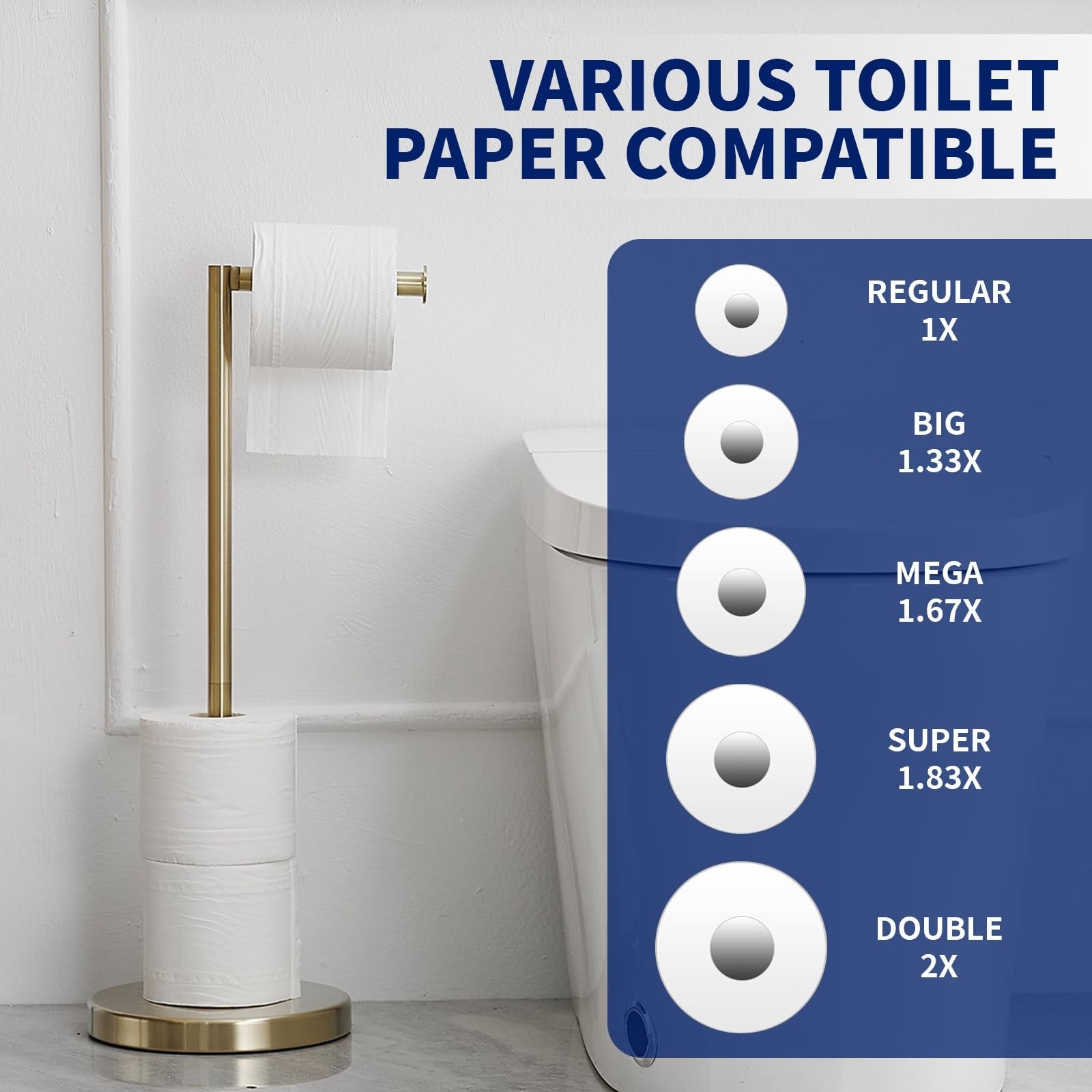 BWE brushed gold modern toilet paper holder stand with tissue roll storage on a bathroom countertop.