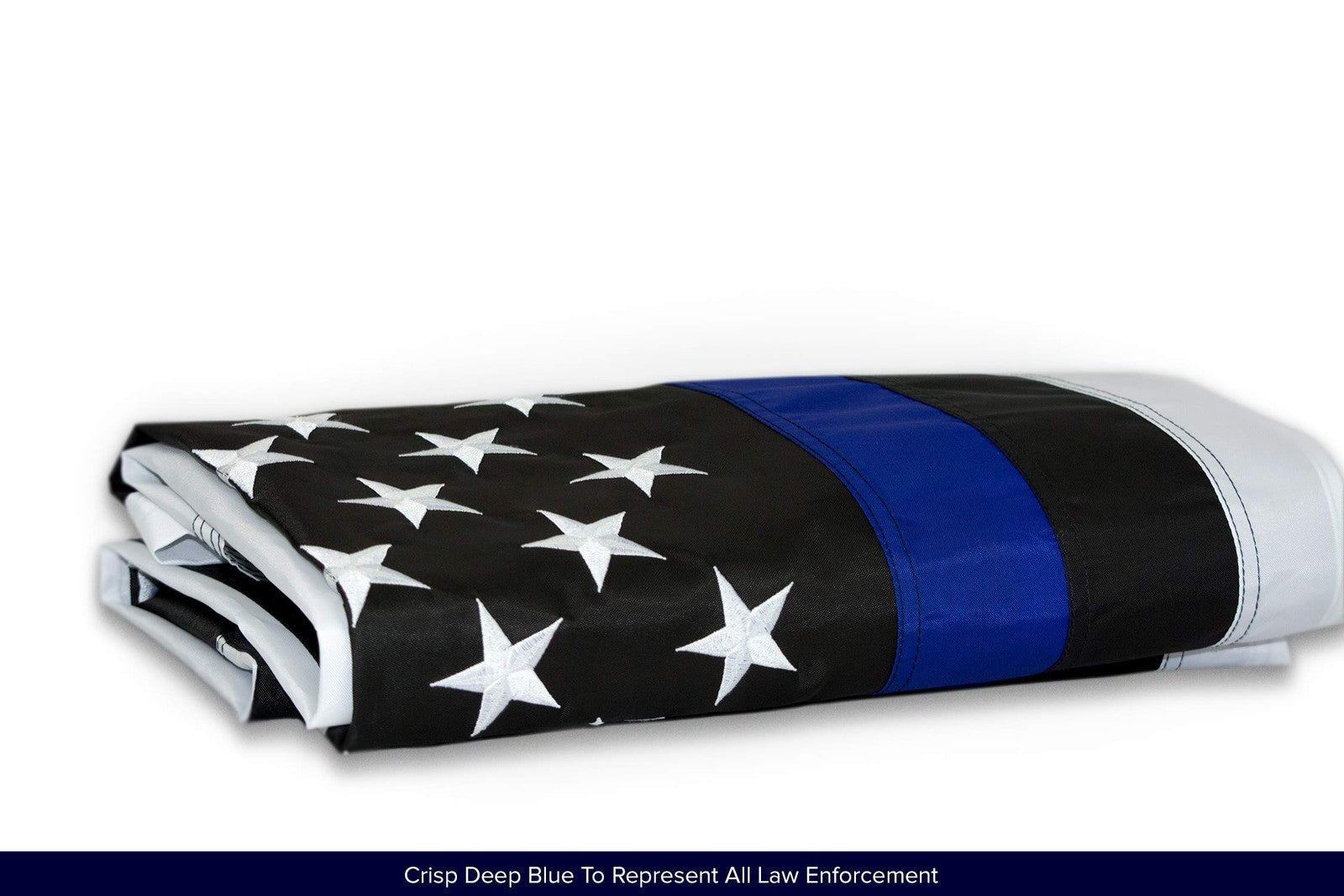 Front Line Flags 5x8 ft Thin Blue Line USA flag with embroidered police design, heavy-duty polyester fabric, displayed outdoors.