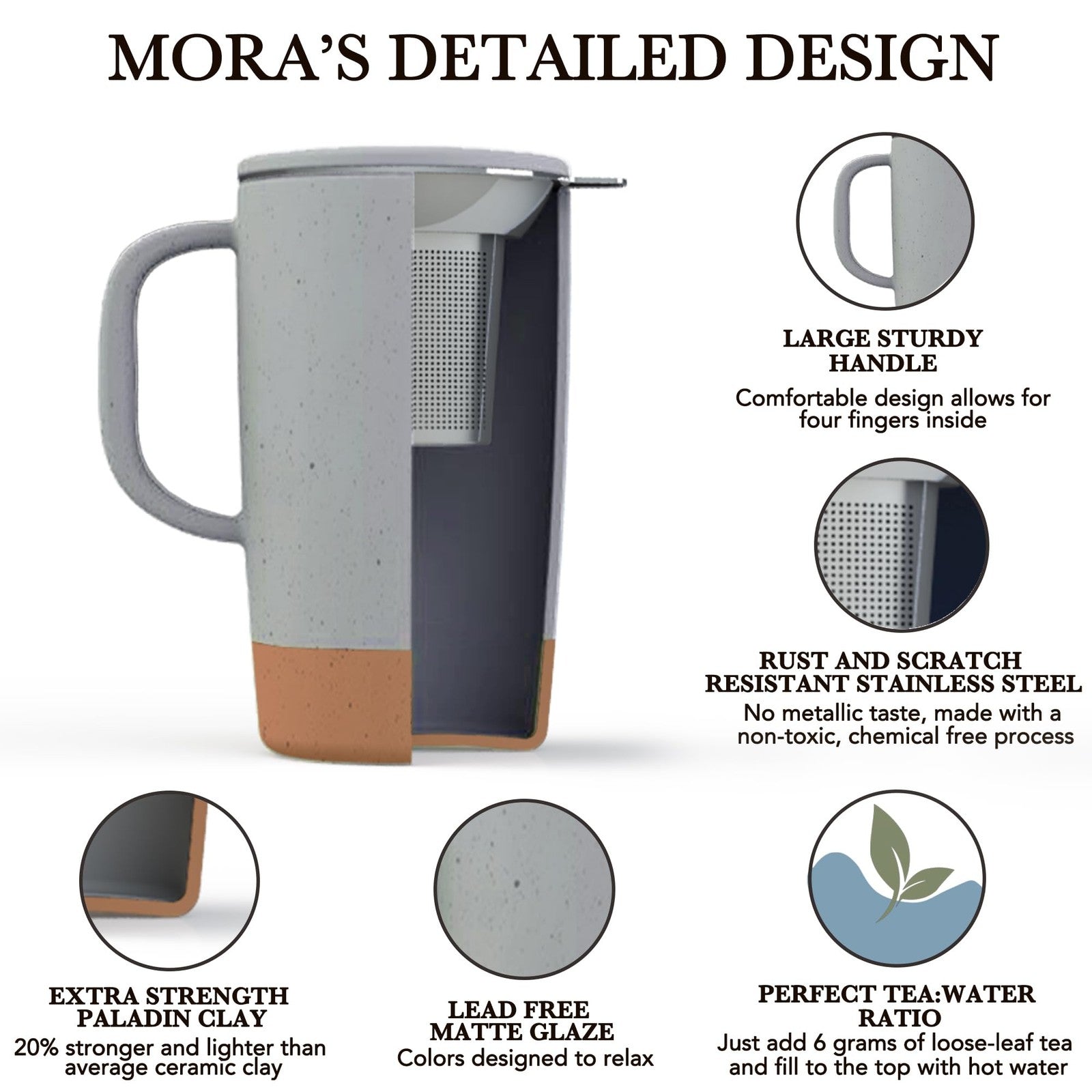 Large Mora Ceramics Hit Pause tea mug with loose leaf infuser, ceramic mug featuring a modern, minimalist design.