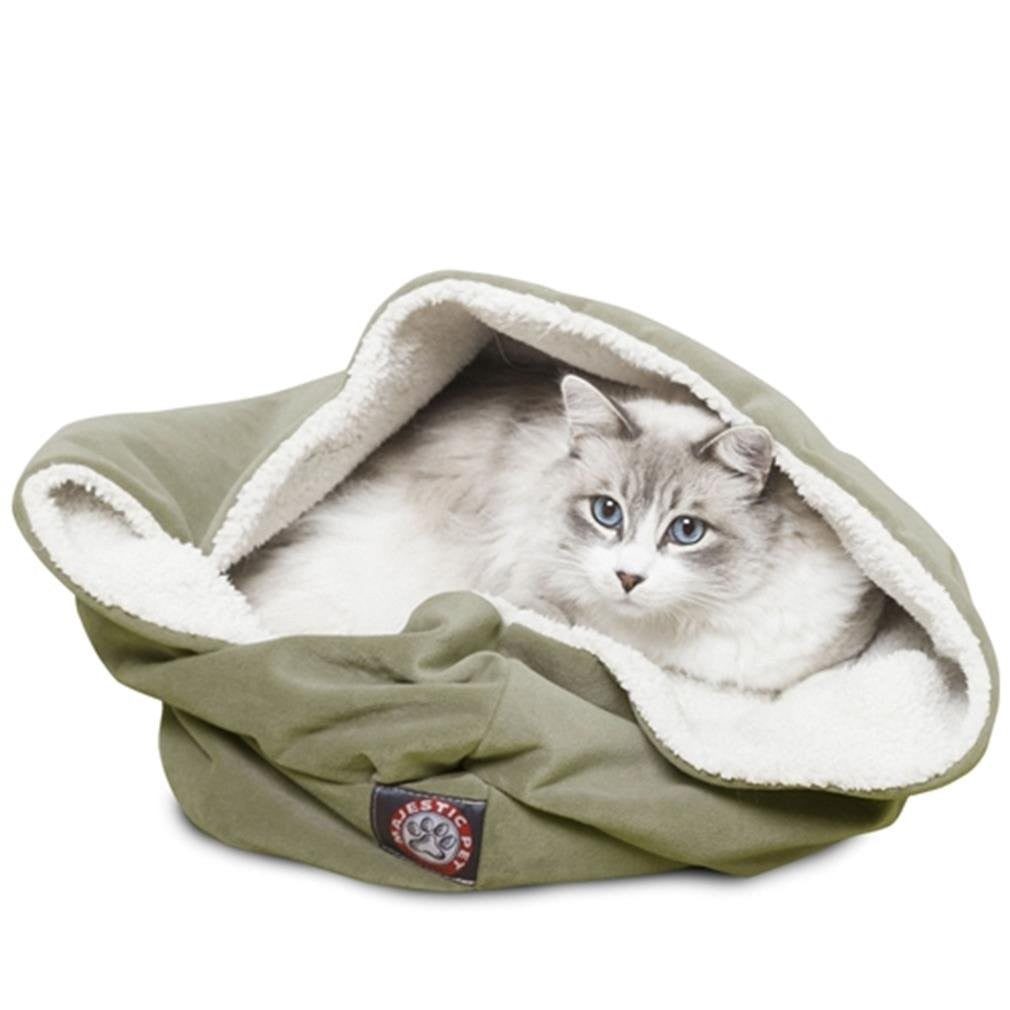 Majestic Pet 17-inch sage suede burrow cat bed showing soft suede exterior and cozy interior perfect for feline comfort