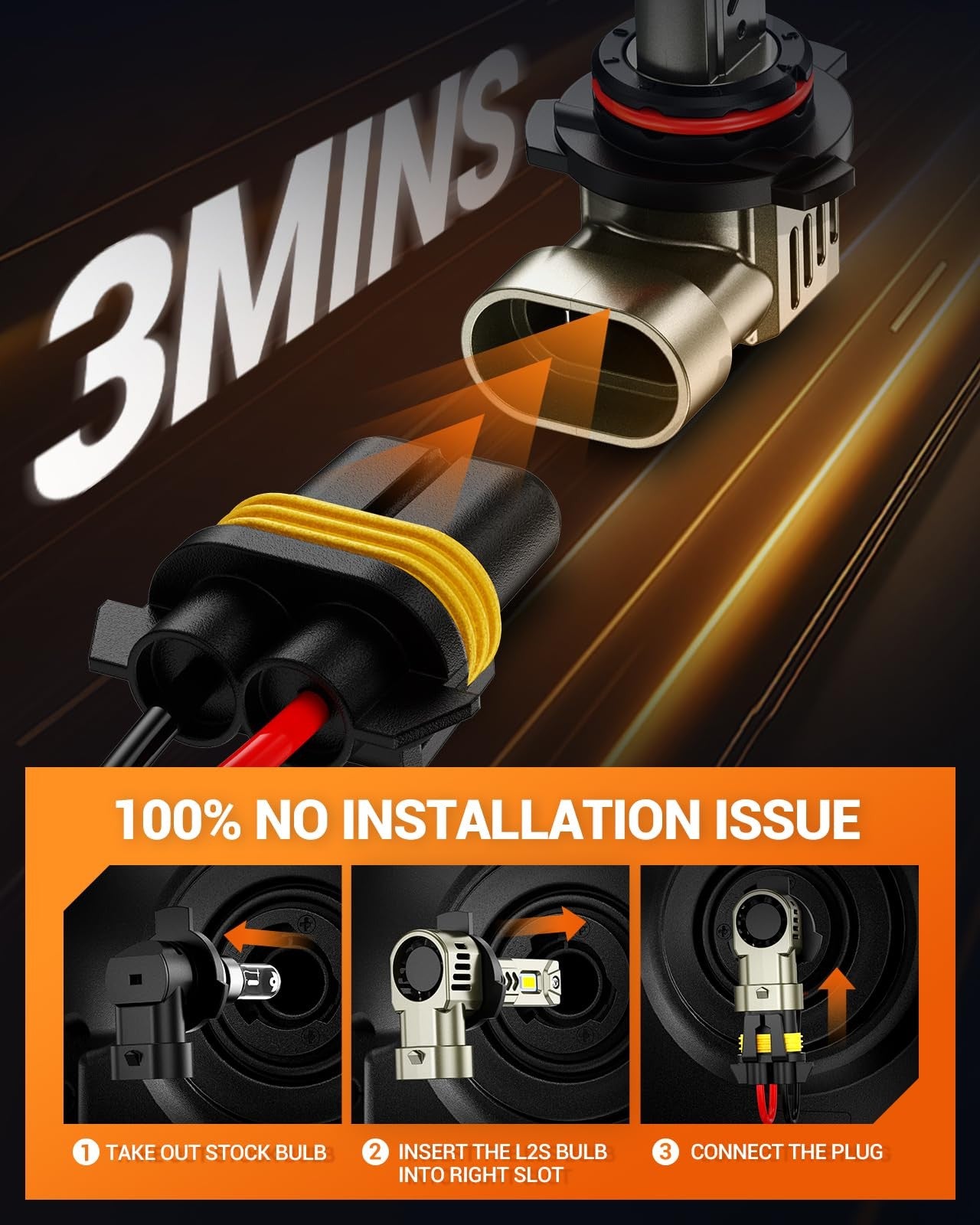 SEALIGHT 9012 HIR2 LED headlight bulbs showing bright light output and compact size for automotive driving lights.