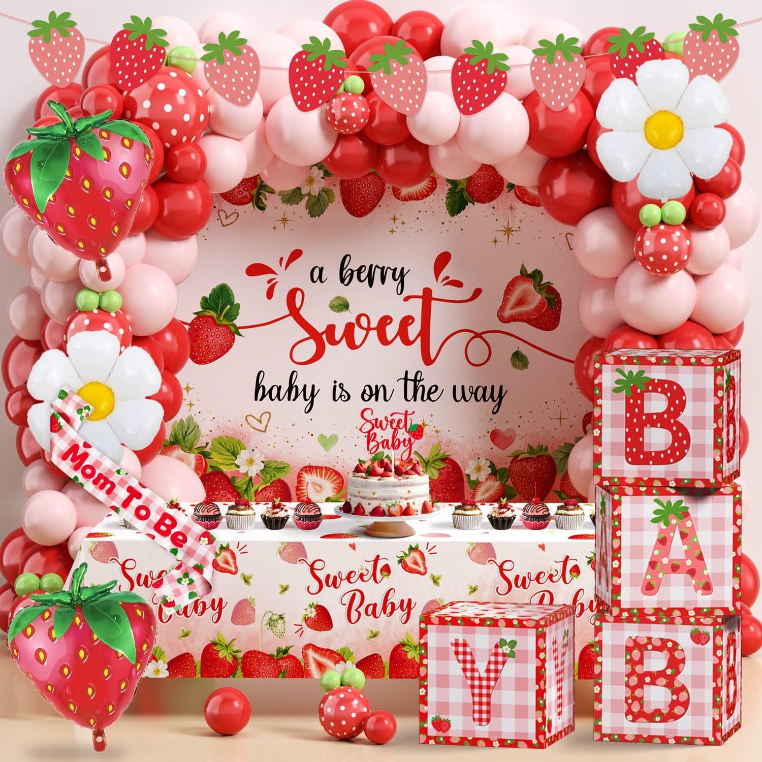 Lopeastar strawberry-themed baby shower decoration kit with balloons, boxes, arch banner, and sash for celebration decor
