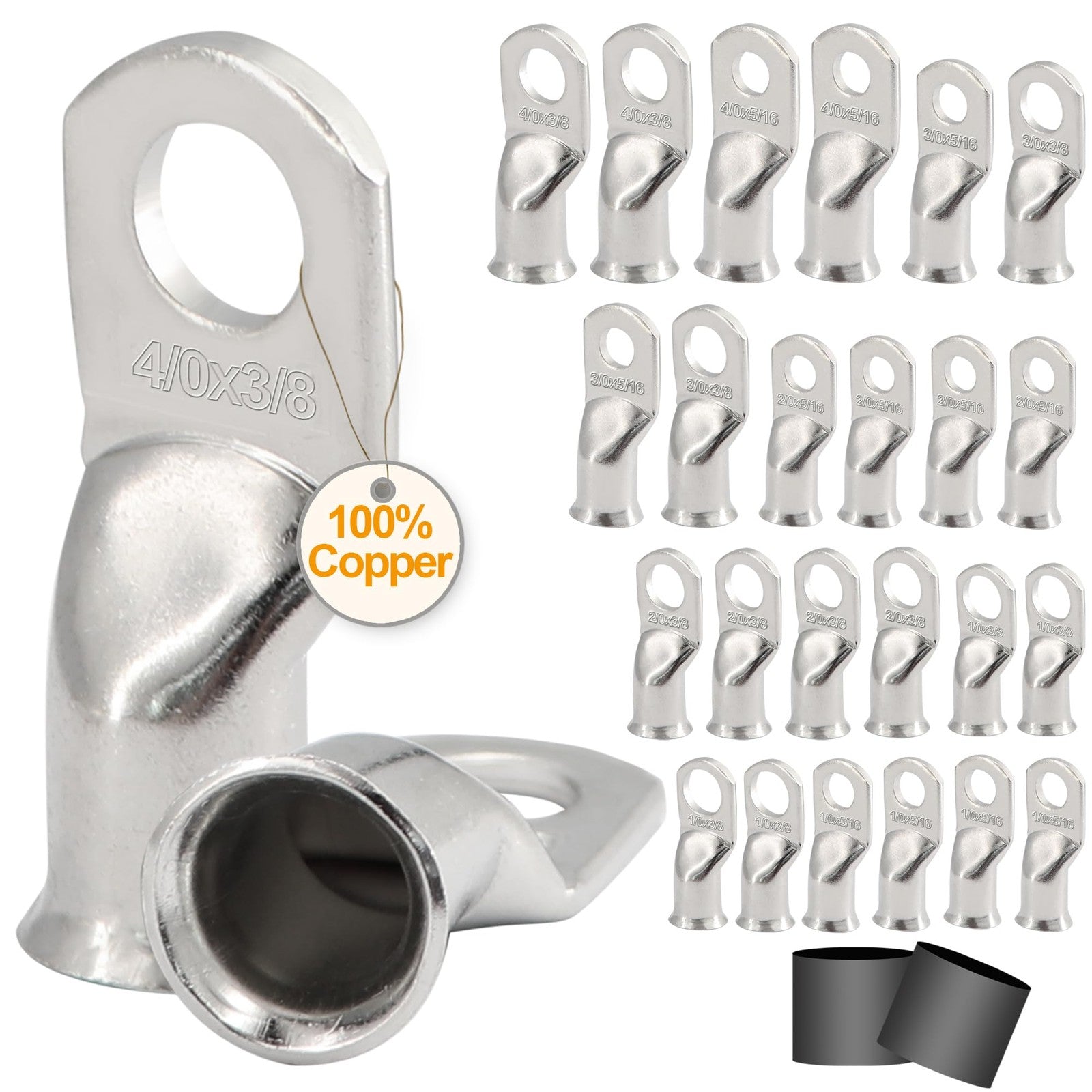 Taukealugs 48-pack battery tinned terminal connectors for cables, AWG 1/0 to 4/0, featuring durable metal ends for secure connections.