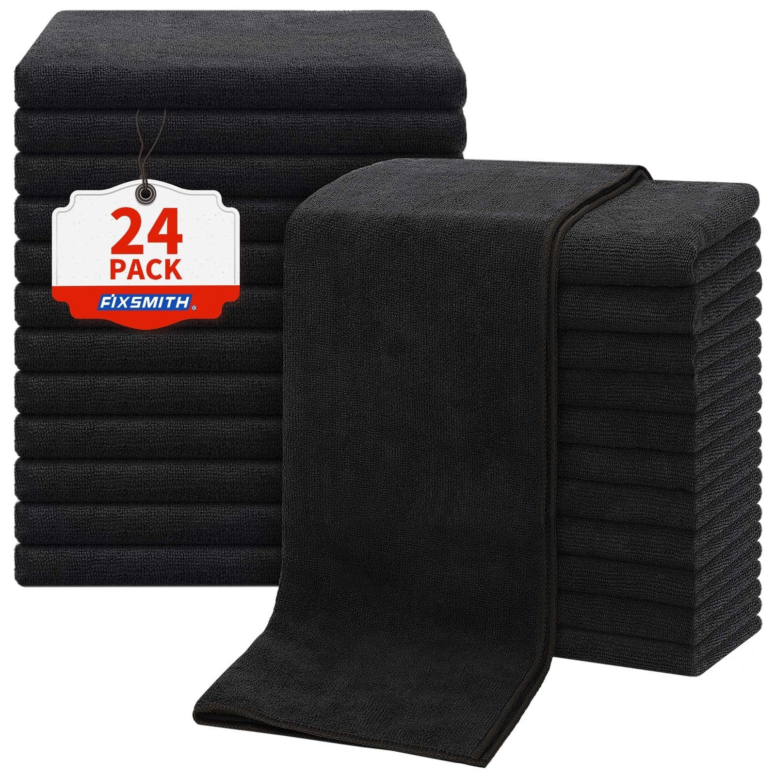 FIXSMITH Salon Towels 24-pack in black, quick-dry hand towels for bathroom or gym, shown folded with soft fabric texture.