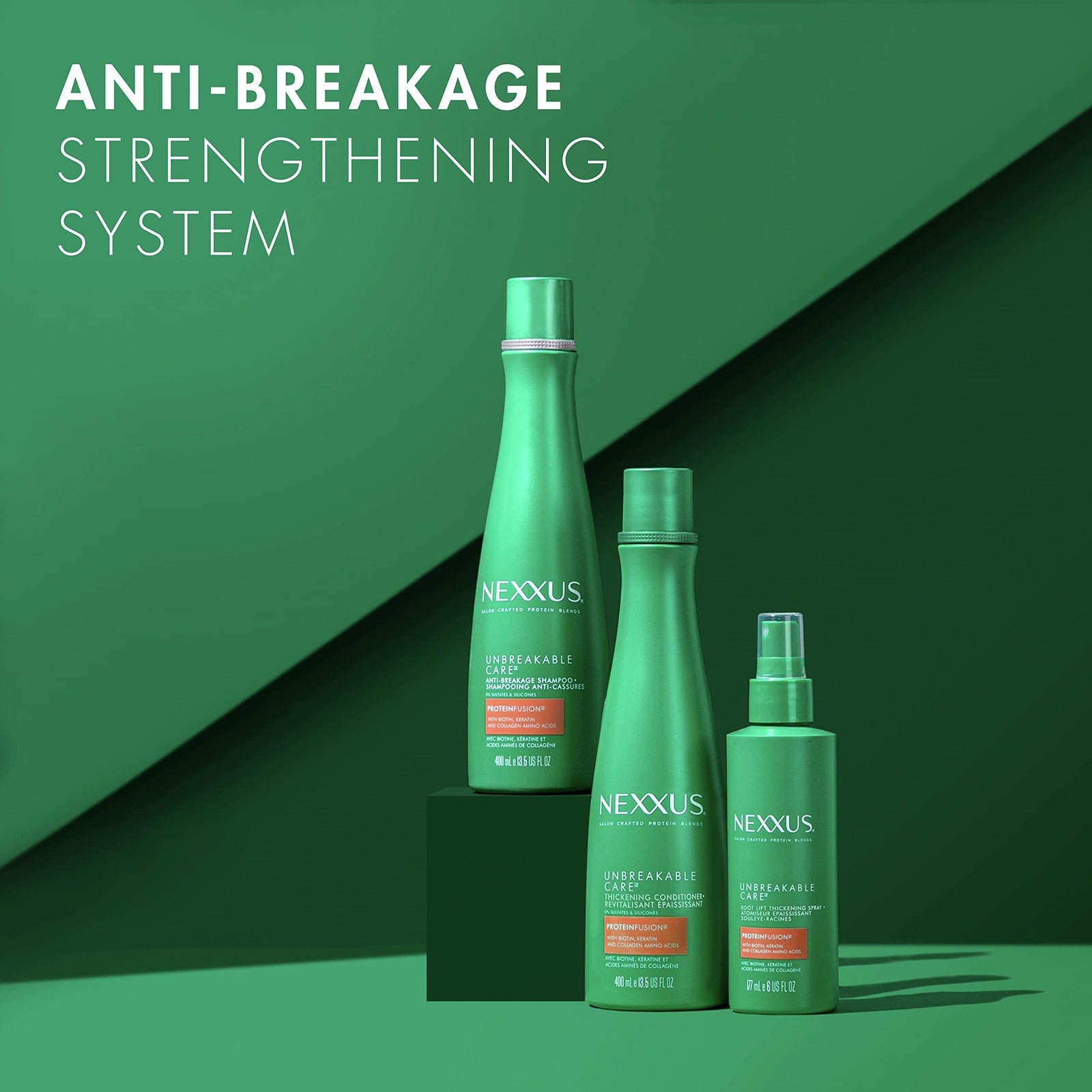 Nexxus Unbreakable Care shampoo, conditioner, and leave-in spray set for fine hair, displayed in bottles on a white background.