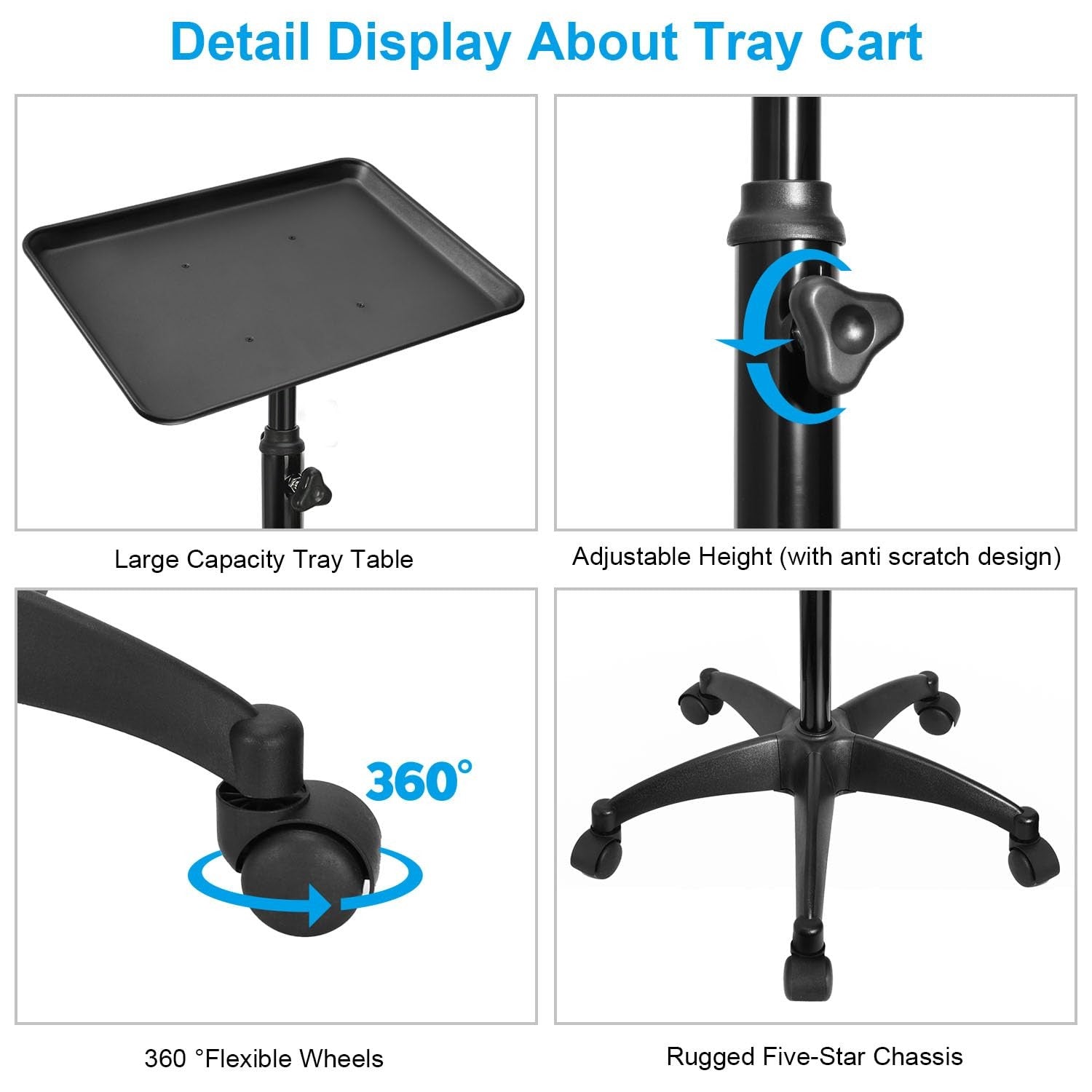 JOSTZHXIN salon rolling tray made of premium aluminum, featuring a height-adjustable tattoo tray rolling cart with a sleek finish.