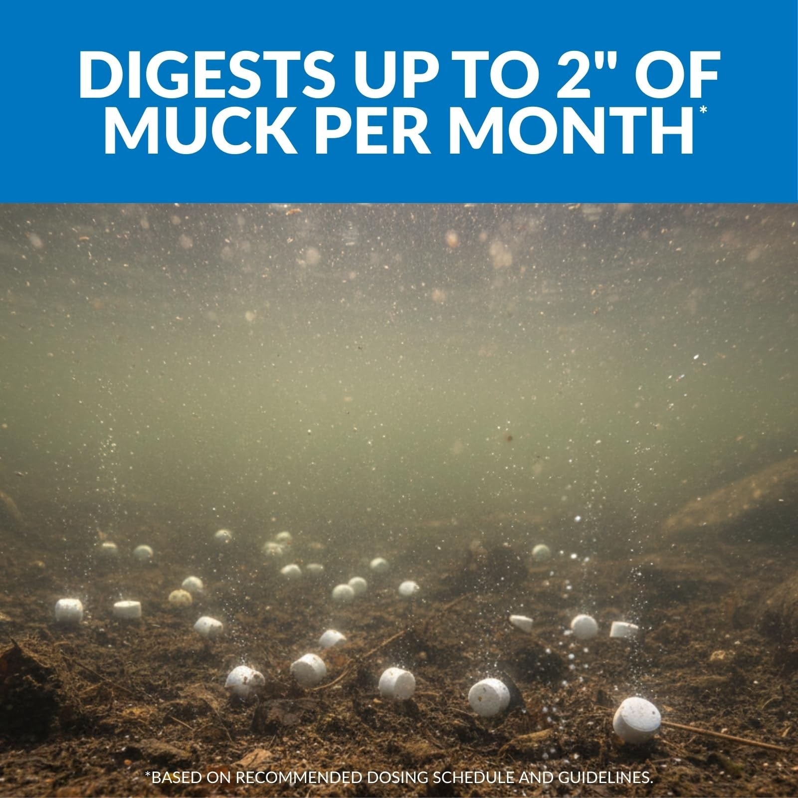Ultraclear Pond Muck Remover Tablets in a 2-pound container, showing 32 treatment tablets for pond muck removal and algae control.