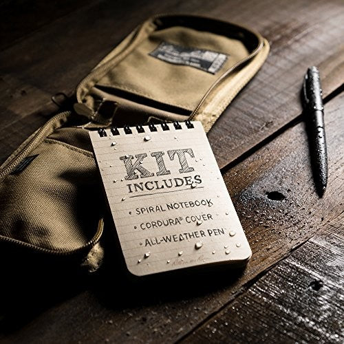 Rite in the Rain weatherproof 3x5 spiral notebook kit with tan CORDURA cover and pen, designed for outdoor note-taking.